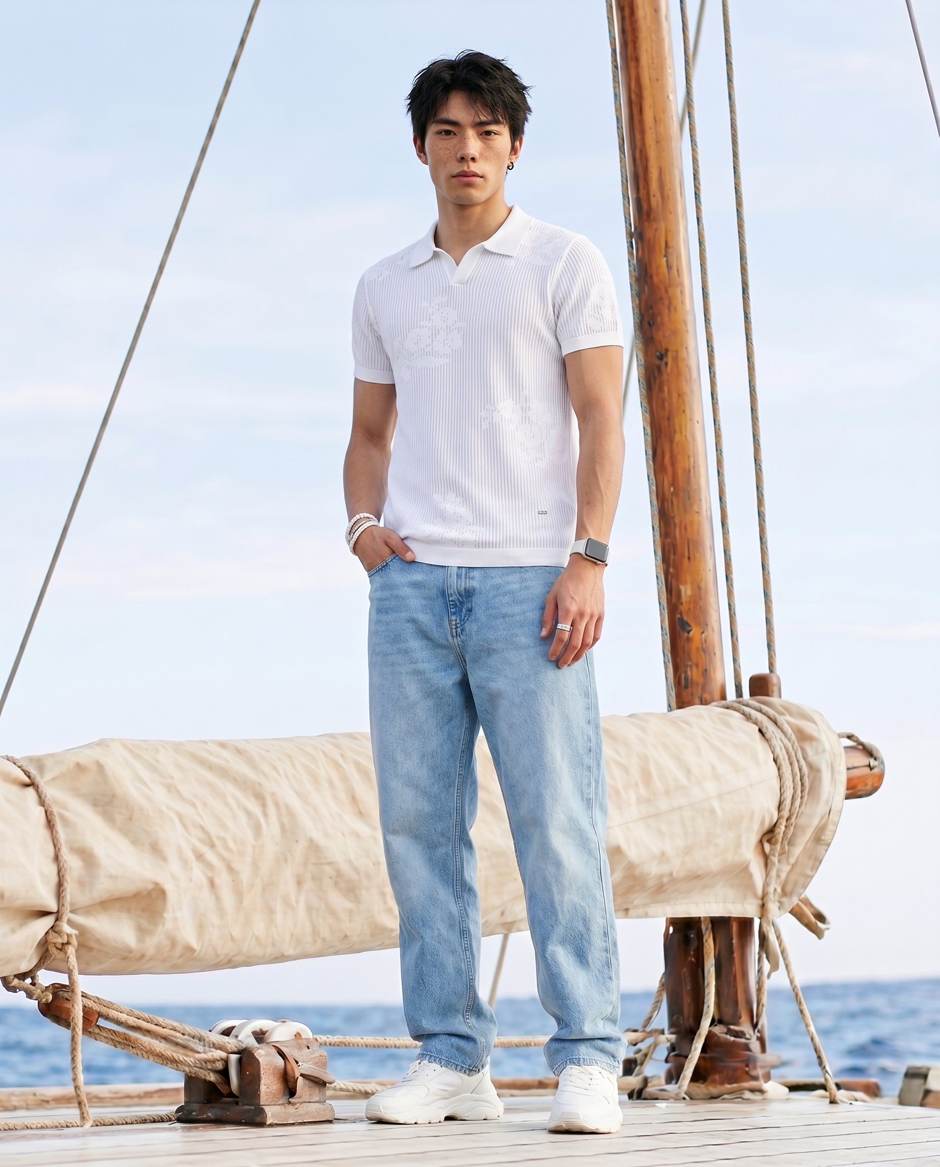 Soft White Floral Jacquard V-Polo