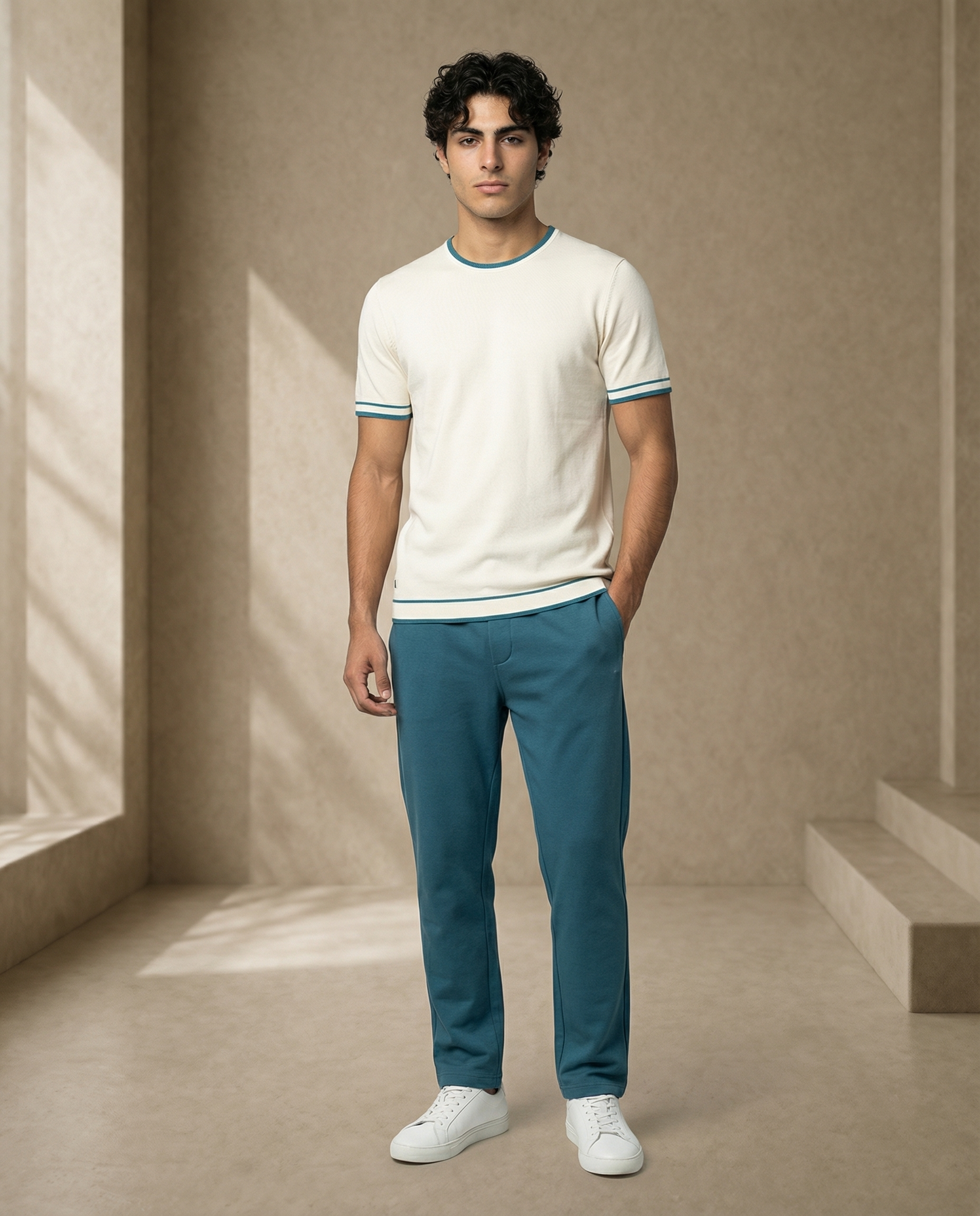 Soft White Teal Contrast T-Shirt