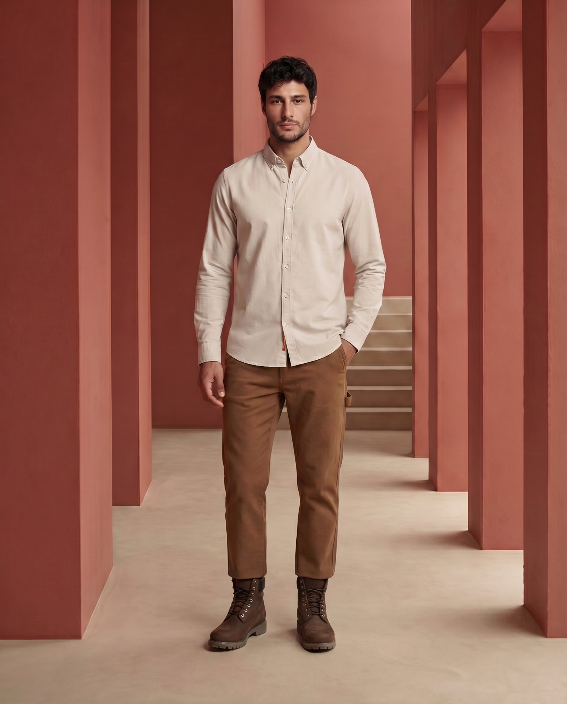 Light Beige 100% Cotton Oxford Chambray Shirt