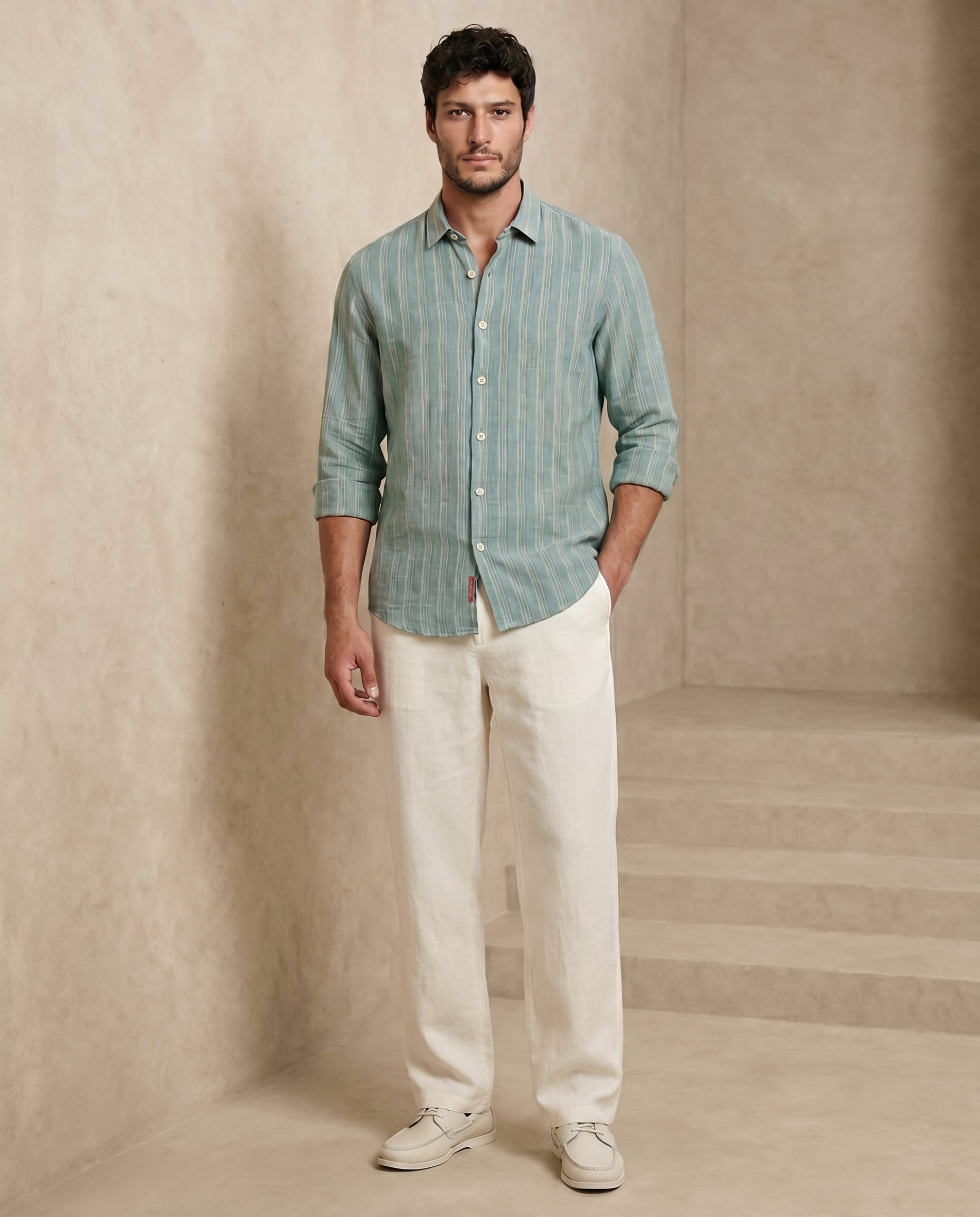 Deep Teal Striped 100% Linen Shirt