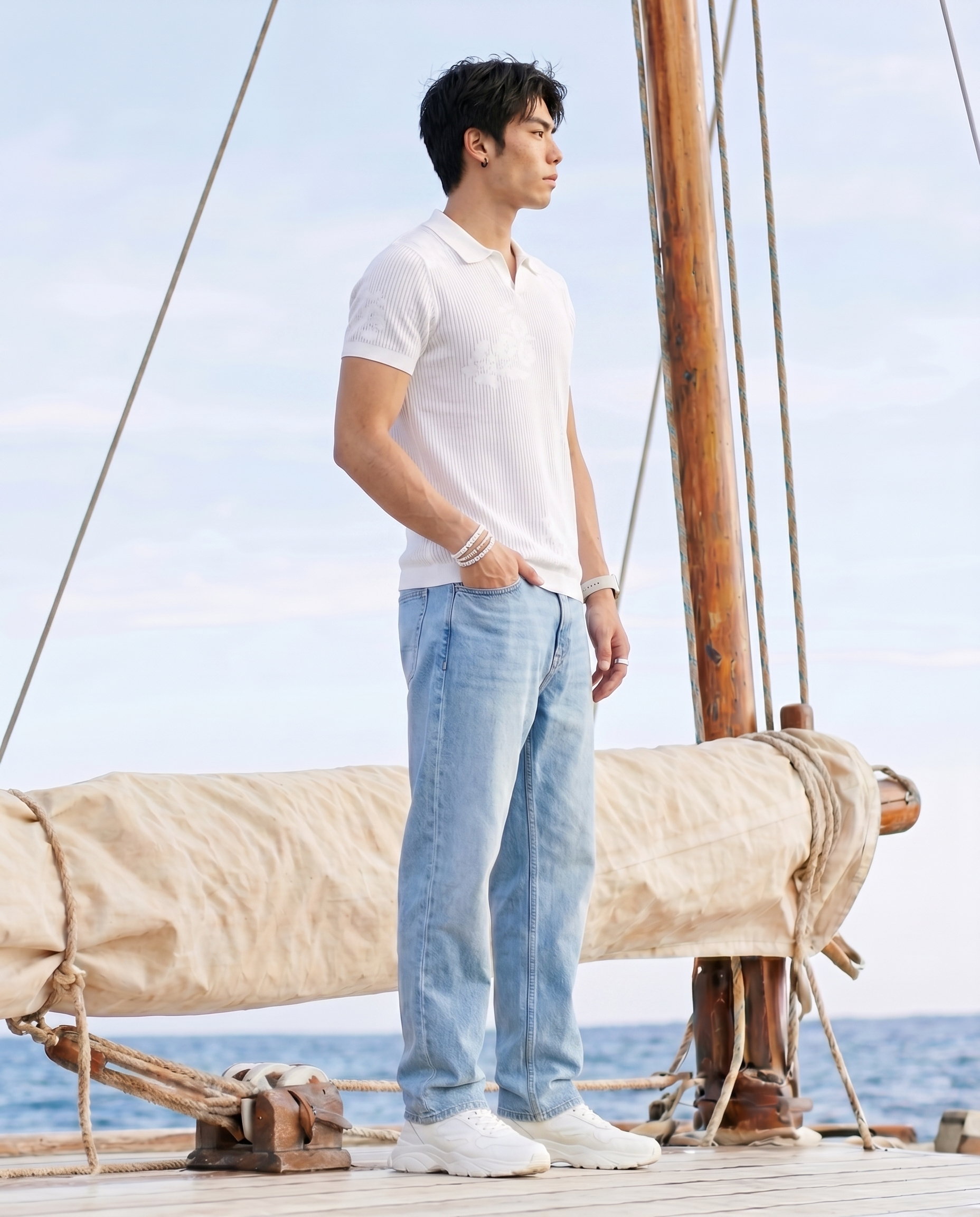 Soft White Floral Jacquard V-Polo