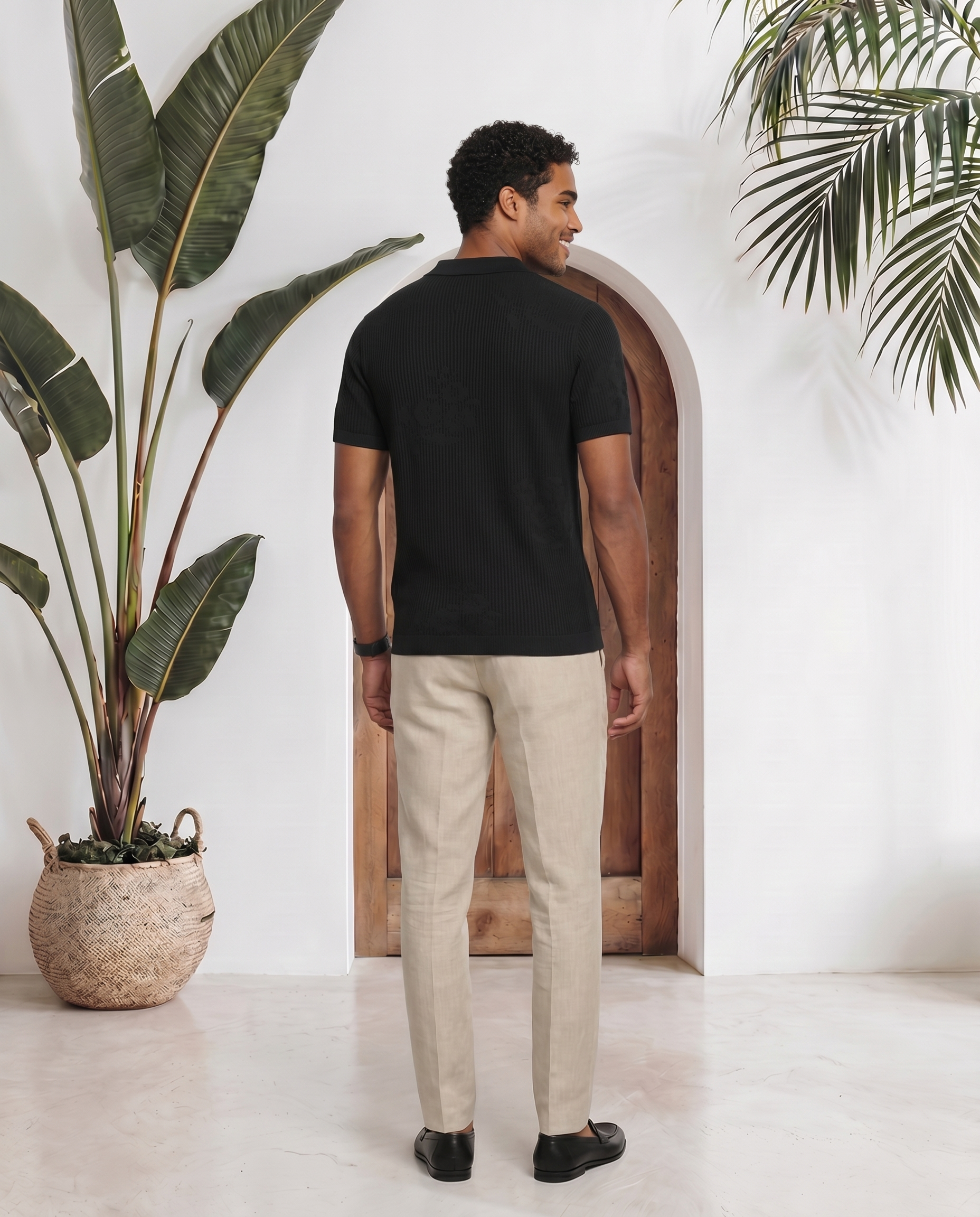 Ink Black Floral Jacquard V-Polo