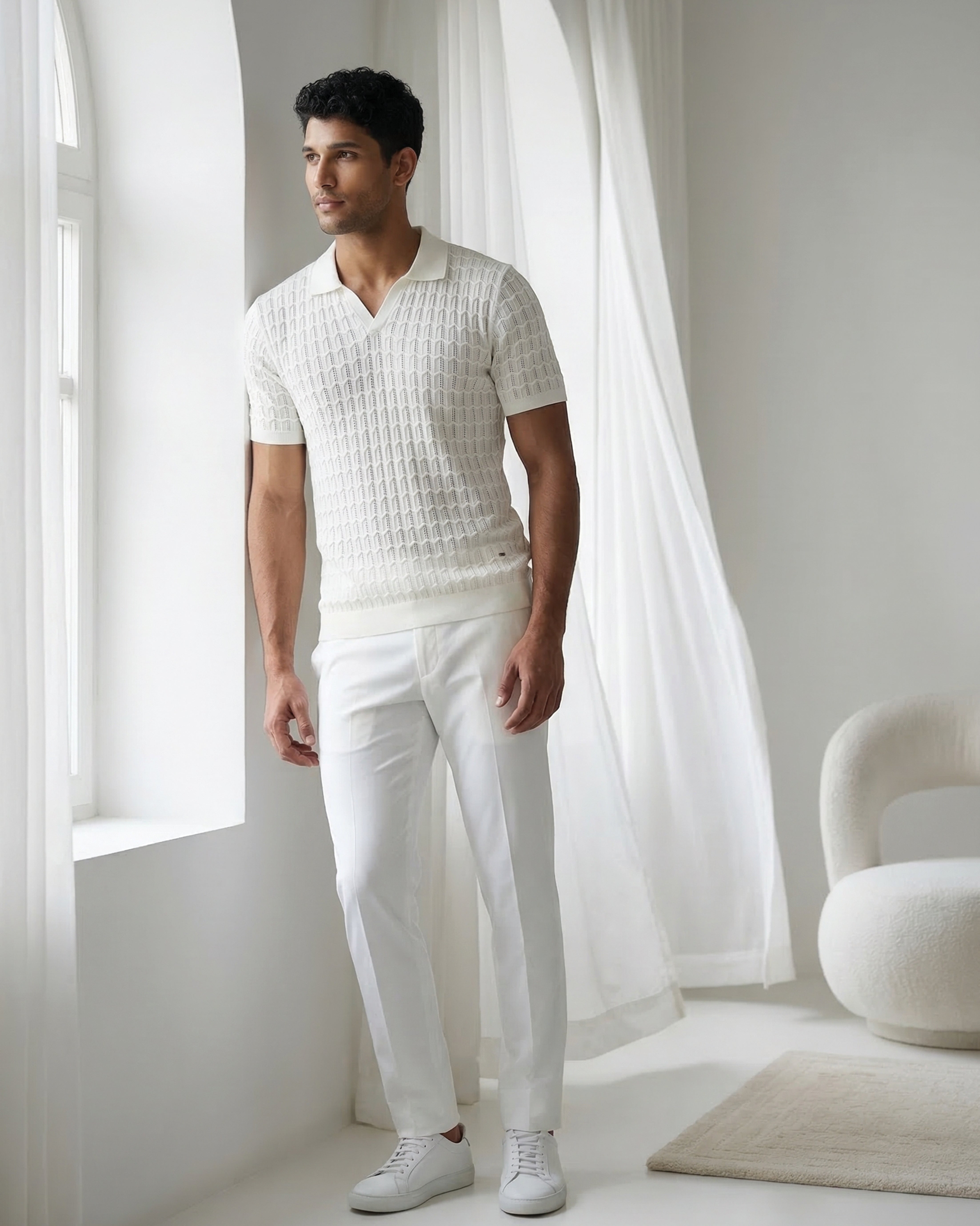 Soft White Luxe Open-knit V-Polo