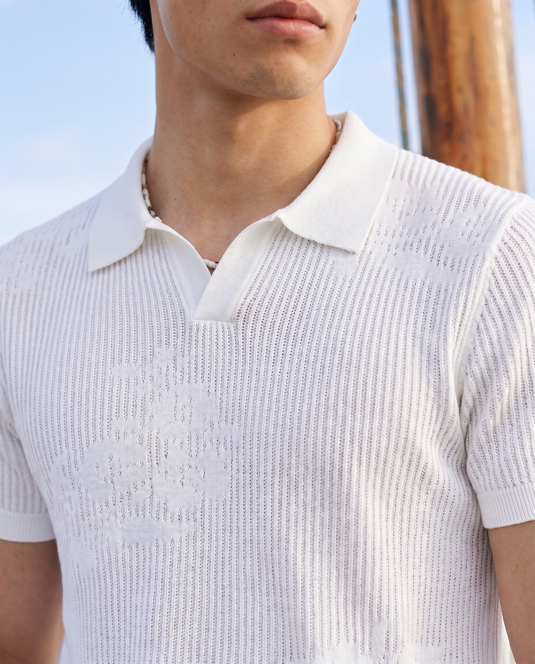 Soft White Floral Jacquard V-Polo