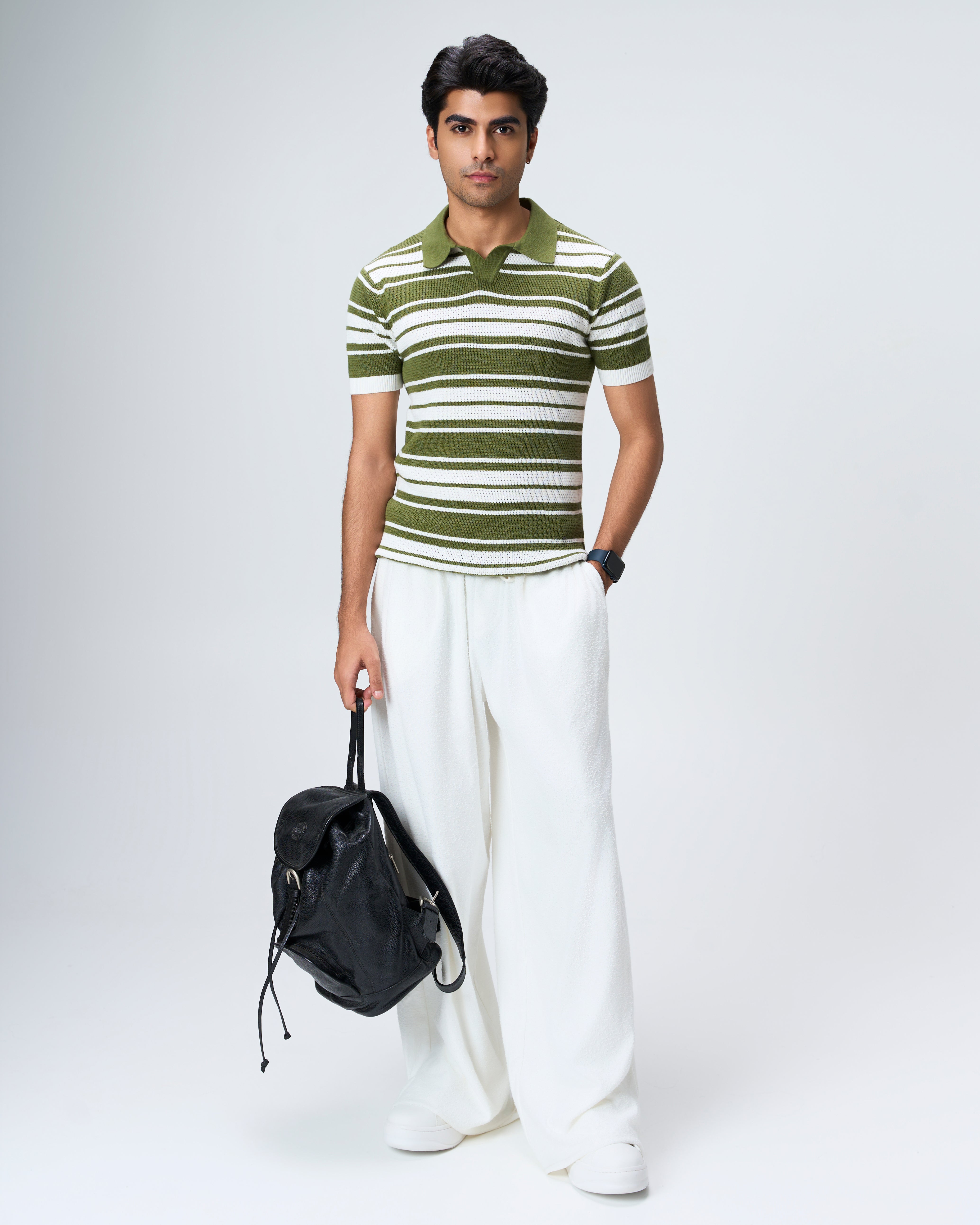 Sage Green Mesh Stripe V-Polo - 100% Cotton - II