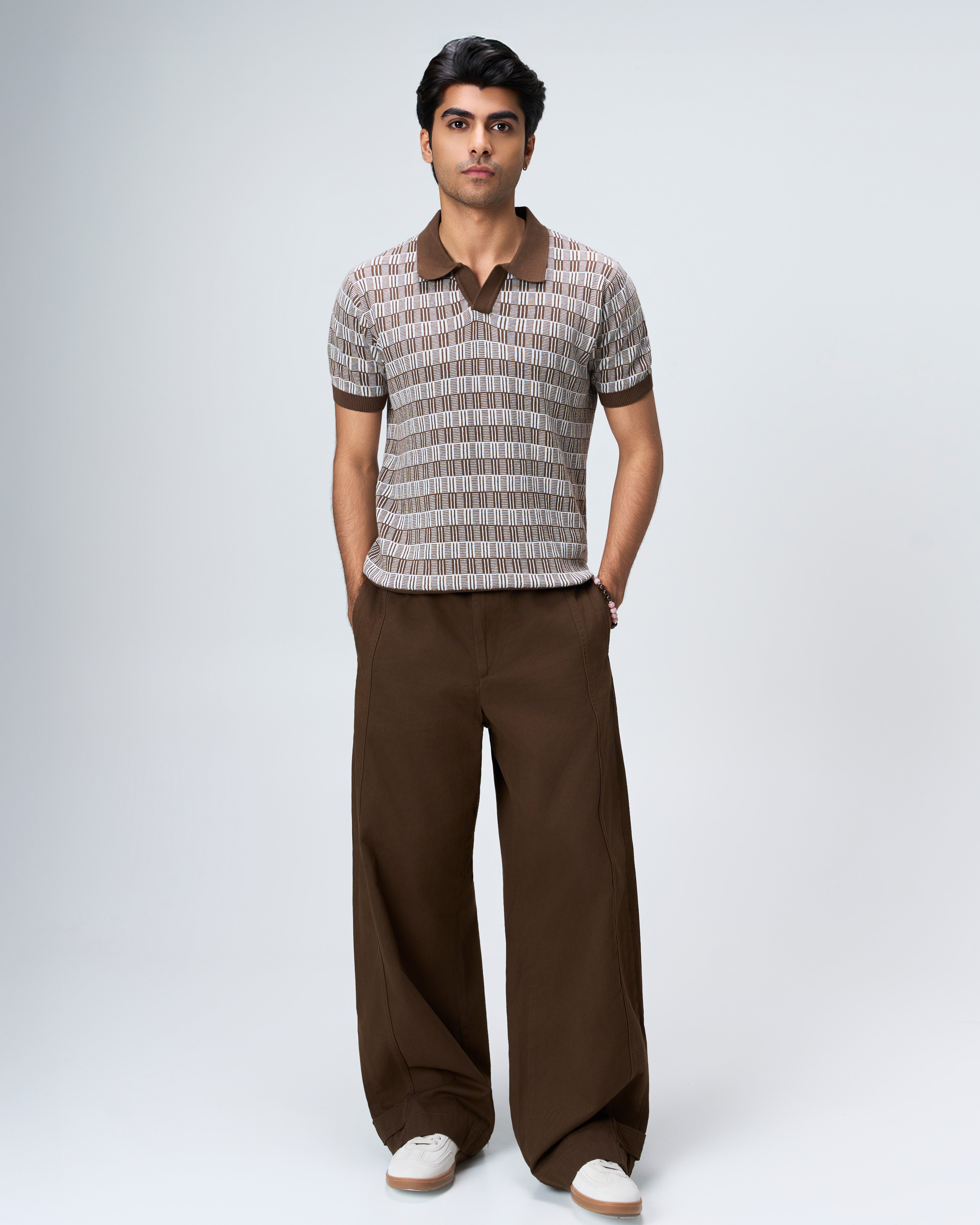 Cocoa Brown Luxe Gridline V-Polo - 100% Cotton - II