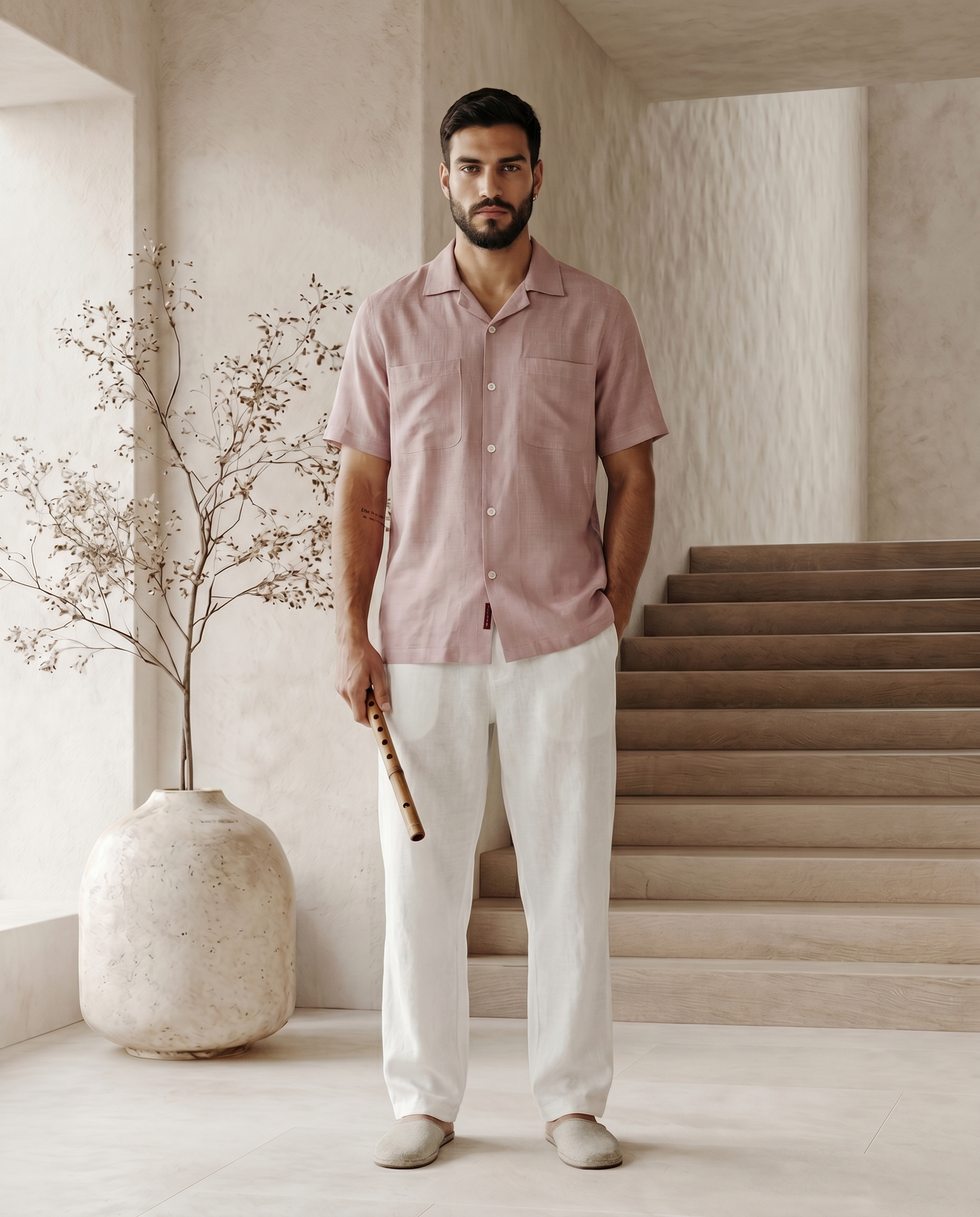 Muted Mauve Double Pocket Linen Blend Shirt