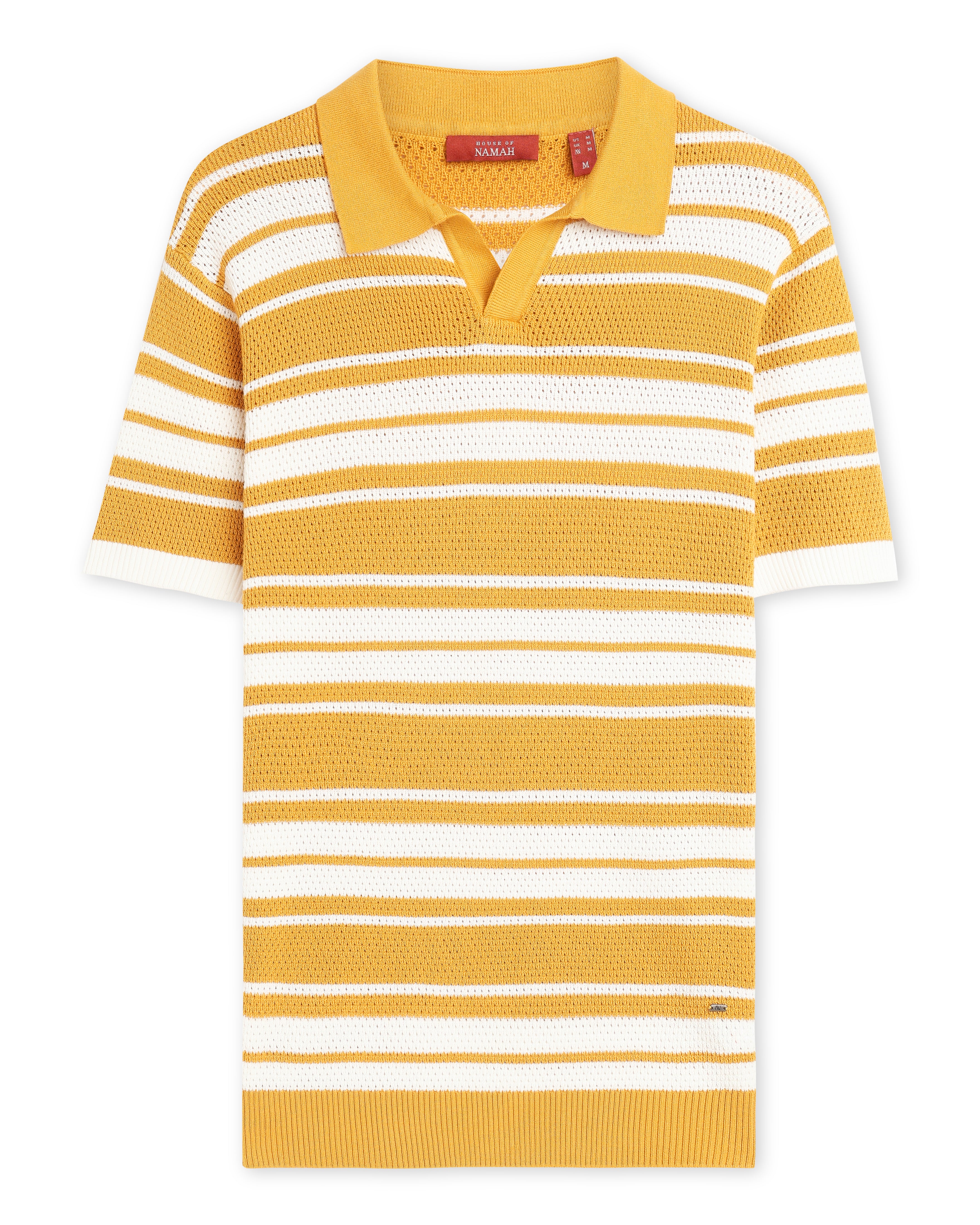 Mustard Mesh Stripe V-Polo - 100% Cotton - II