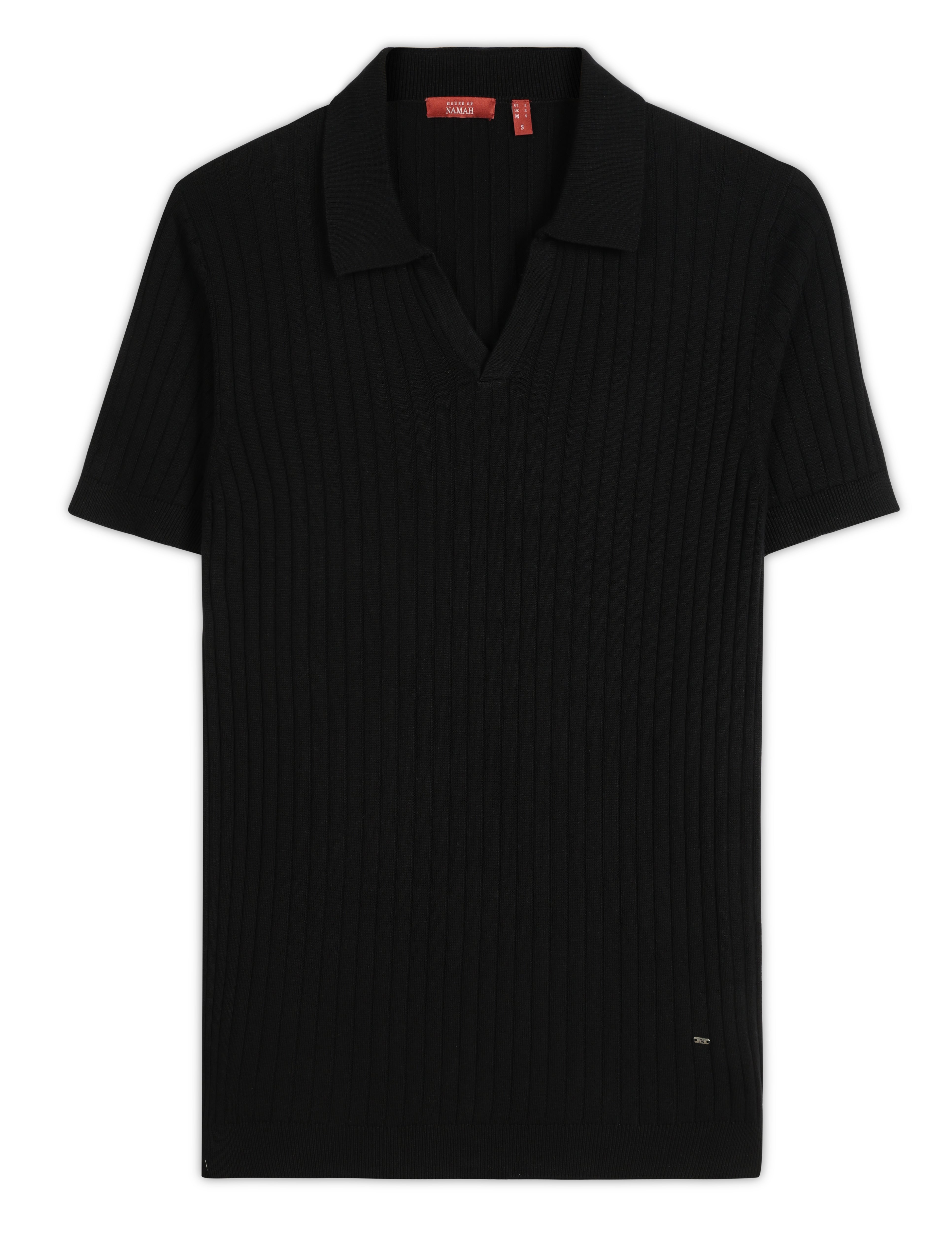 INK BLACK COTTON-BAMBOO V-NECK DROP NEEDLE POLO T-SHIRT