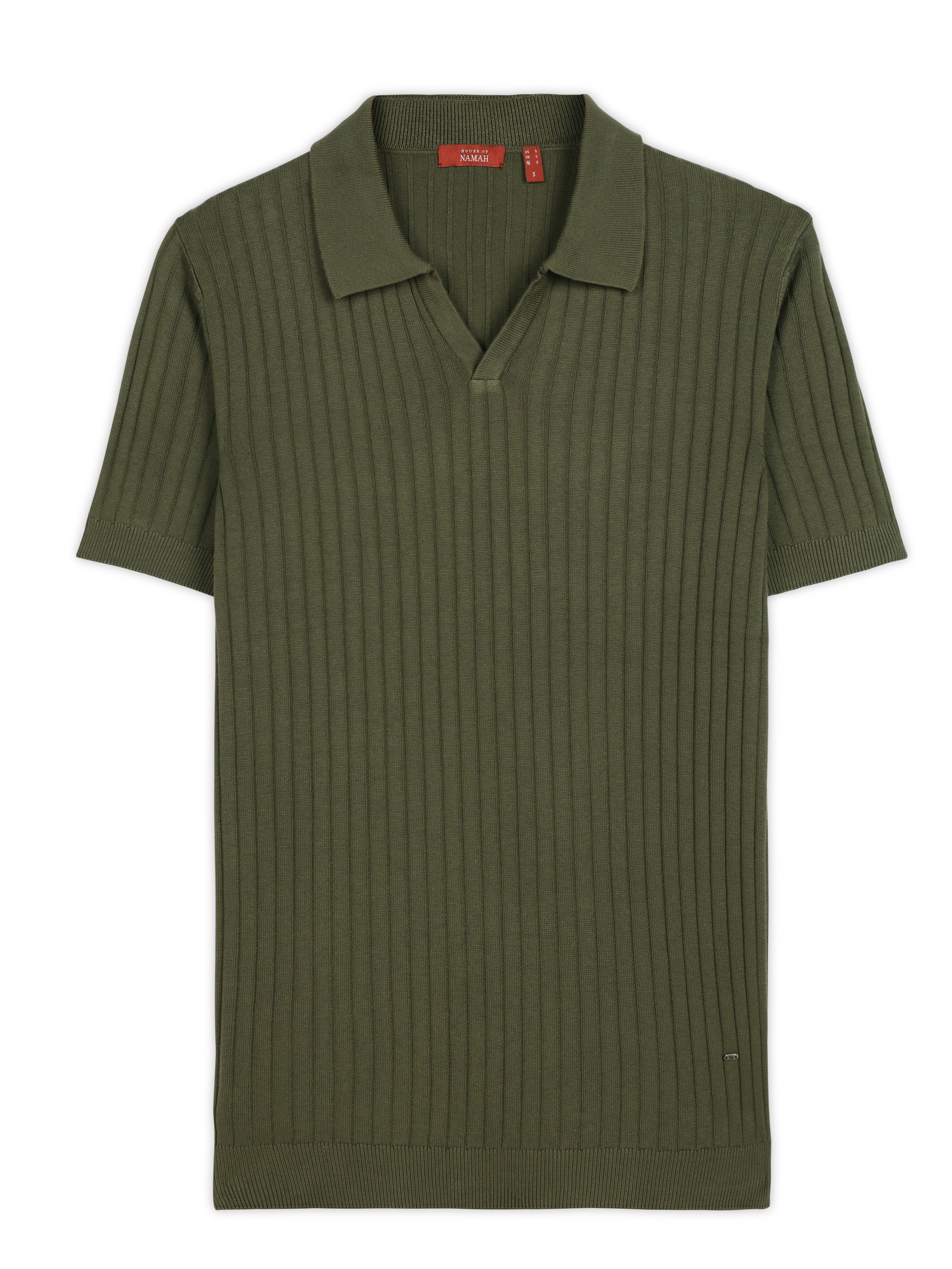 KHAKI GREEN COTTON-BAMBOO V-NECK DROP NEEDLE POLO T-SHIRT