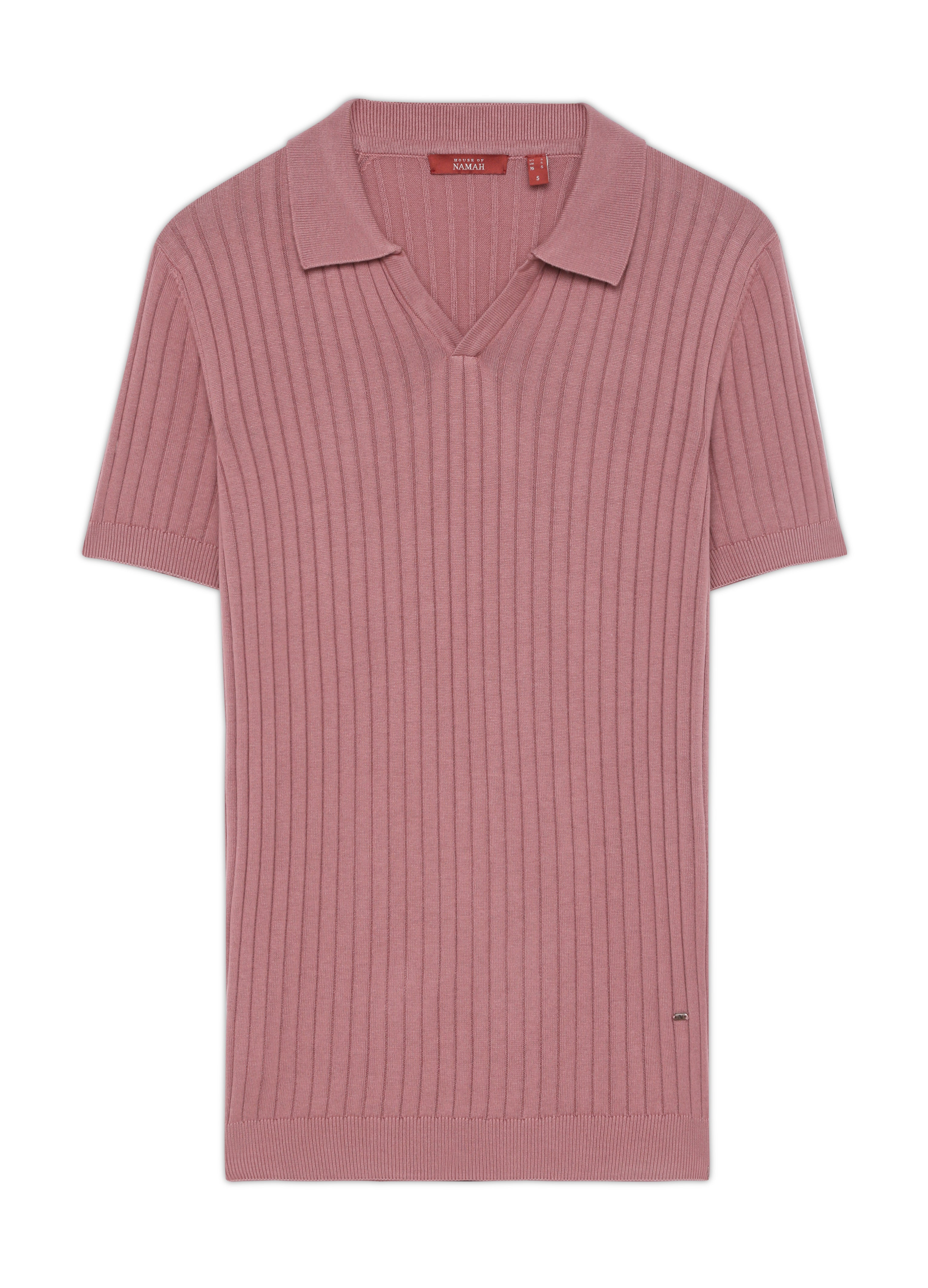 CLAY PINK COTTON-BAMBOO V-NECK DROP NEEDLE POLO T-SHIRT