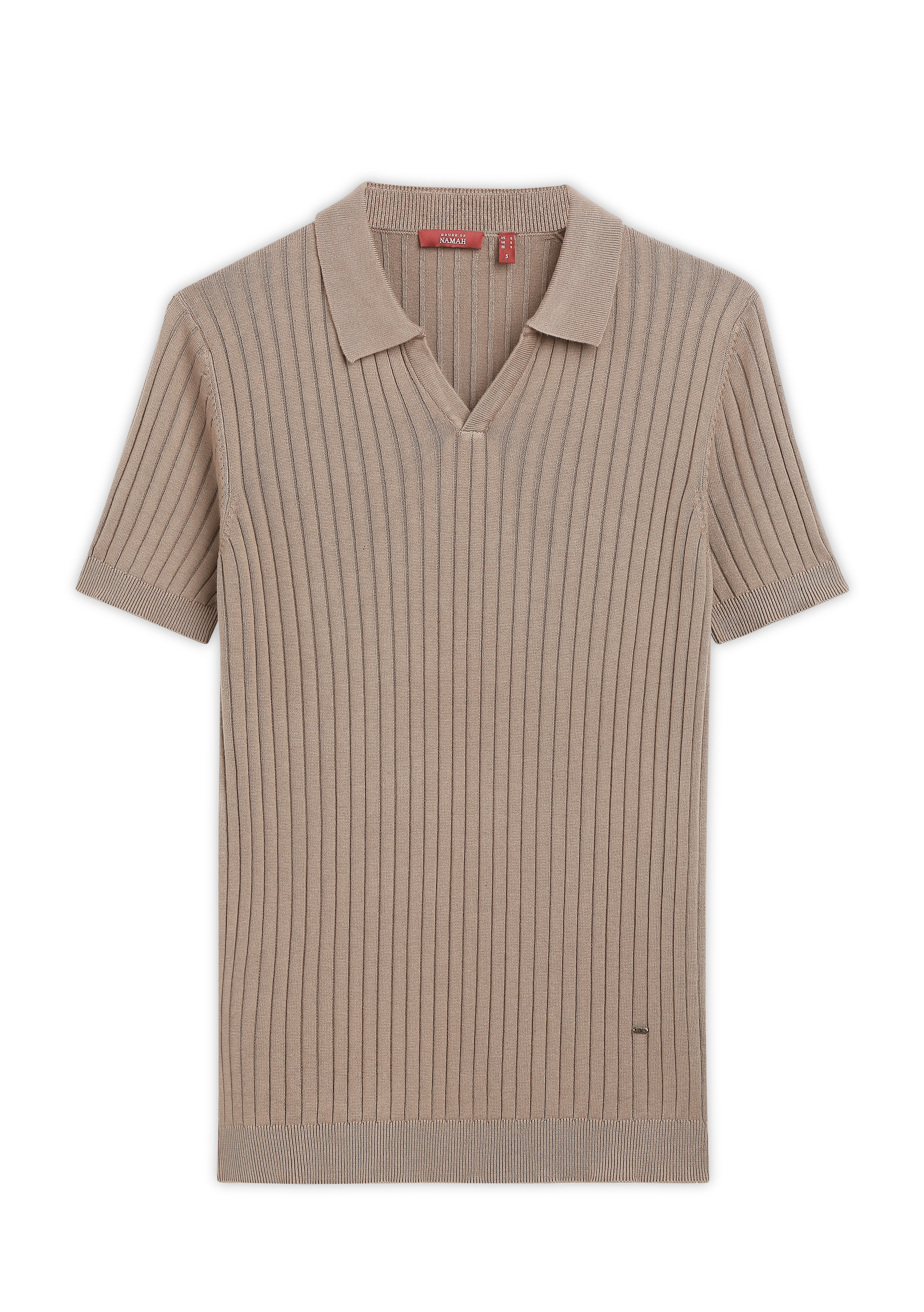 WARM TAN COTTON-BAMBOO V-NECK DROP NEEDLE POLO T-SHIRT