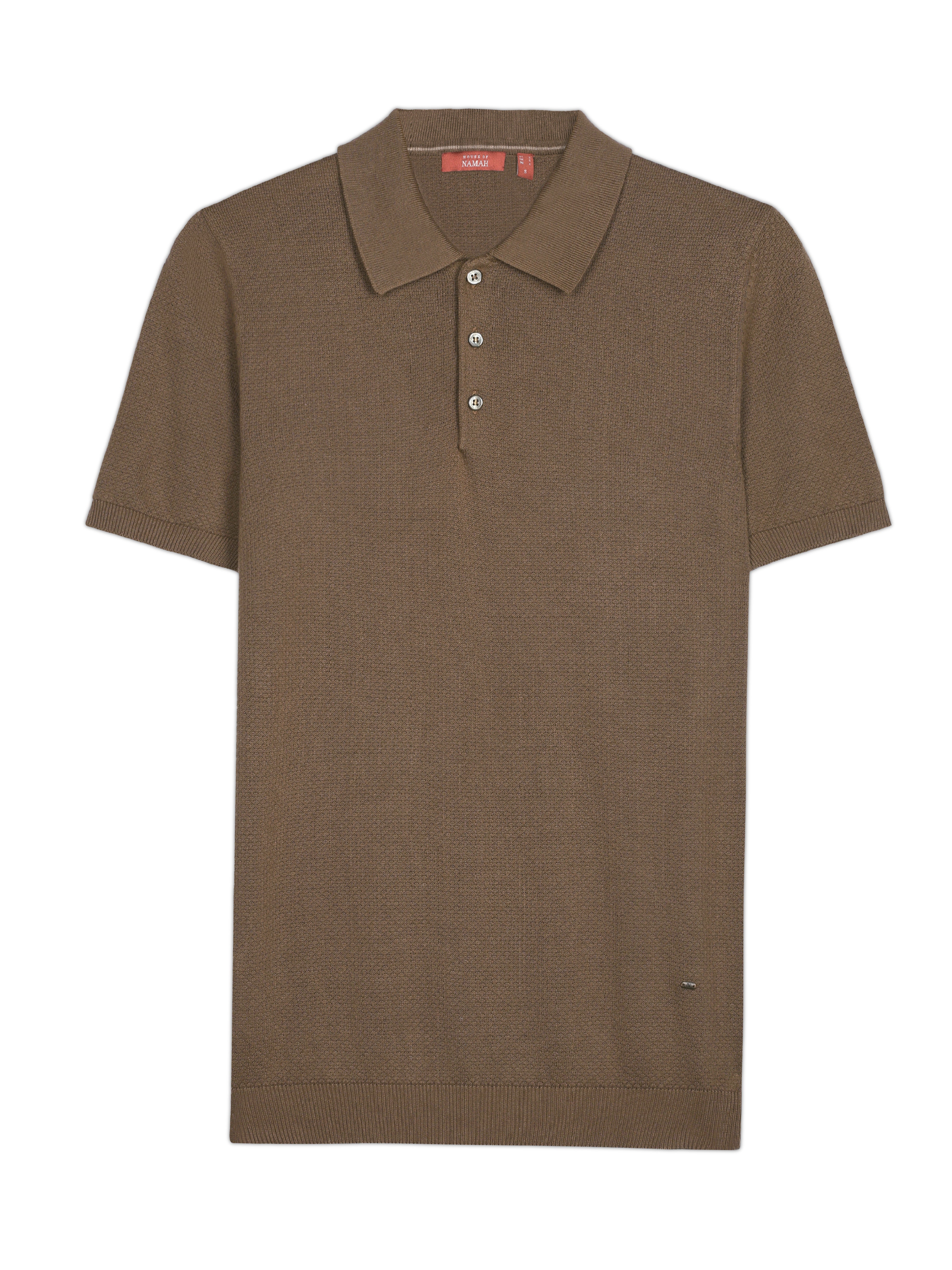 COCOA BROWN COTTON-BAMBOO WAFFLE POLO T-SHIRT