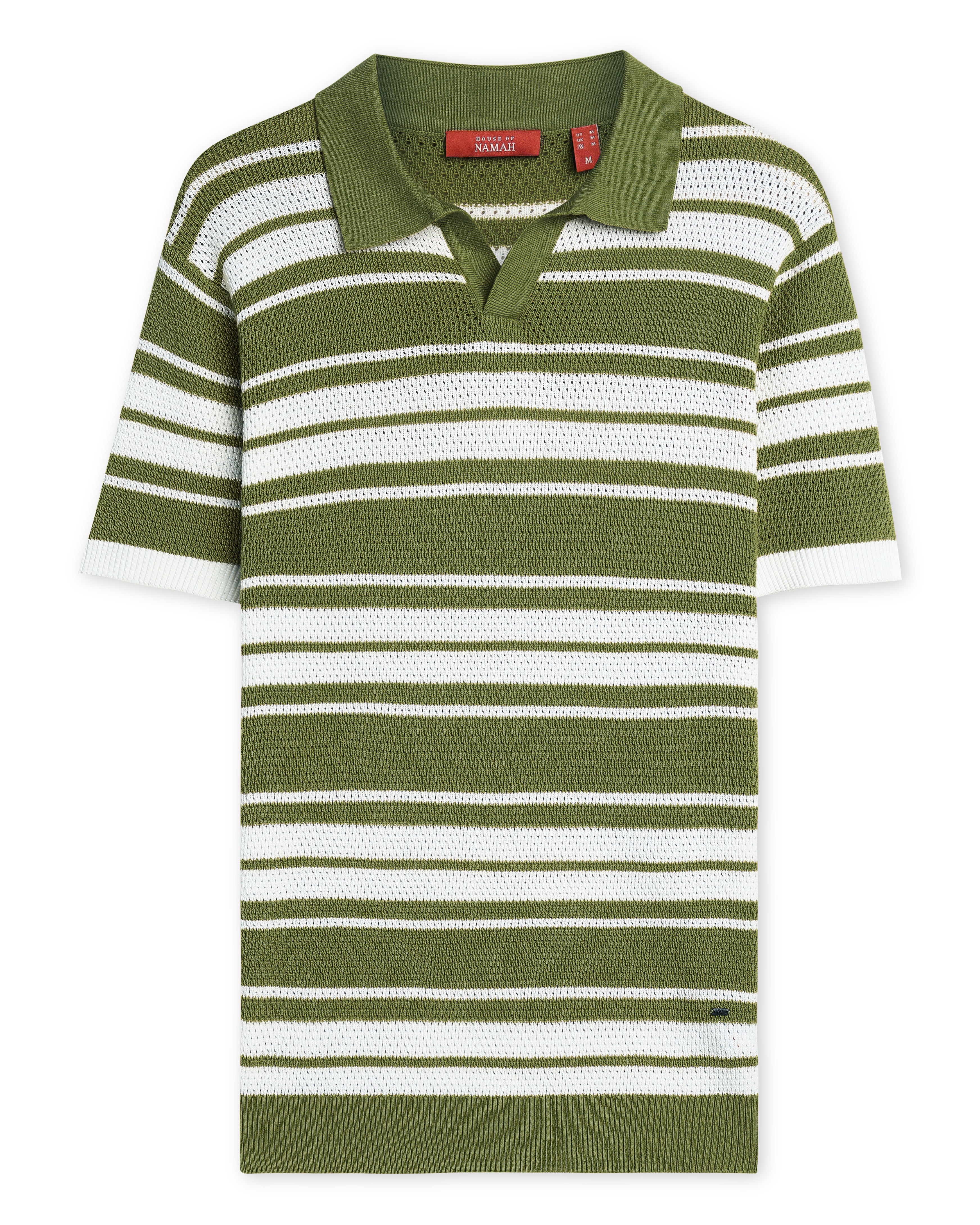 Sage Green Mesh Stripe V-Polo - 100% Cotton - II