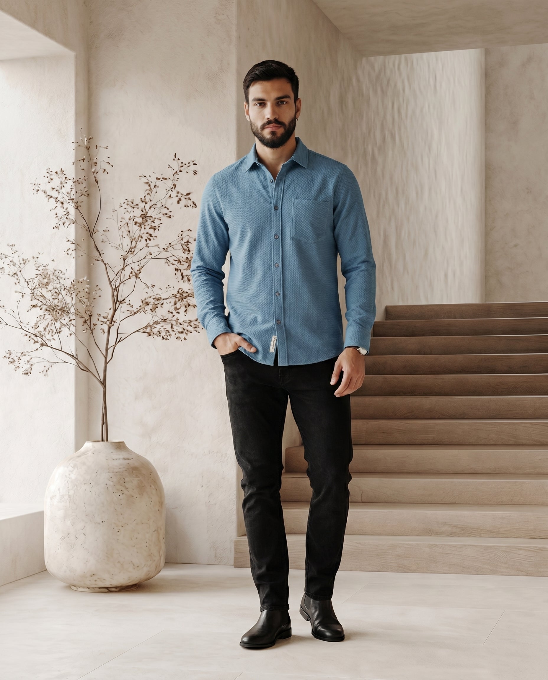 Slate Blue Waffle Textured Shirt