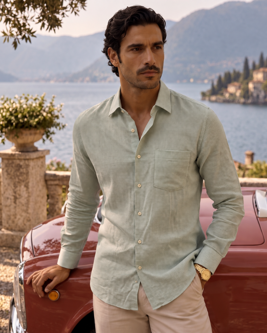Sage Green Microcheck 100% Linen Shirt