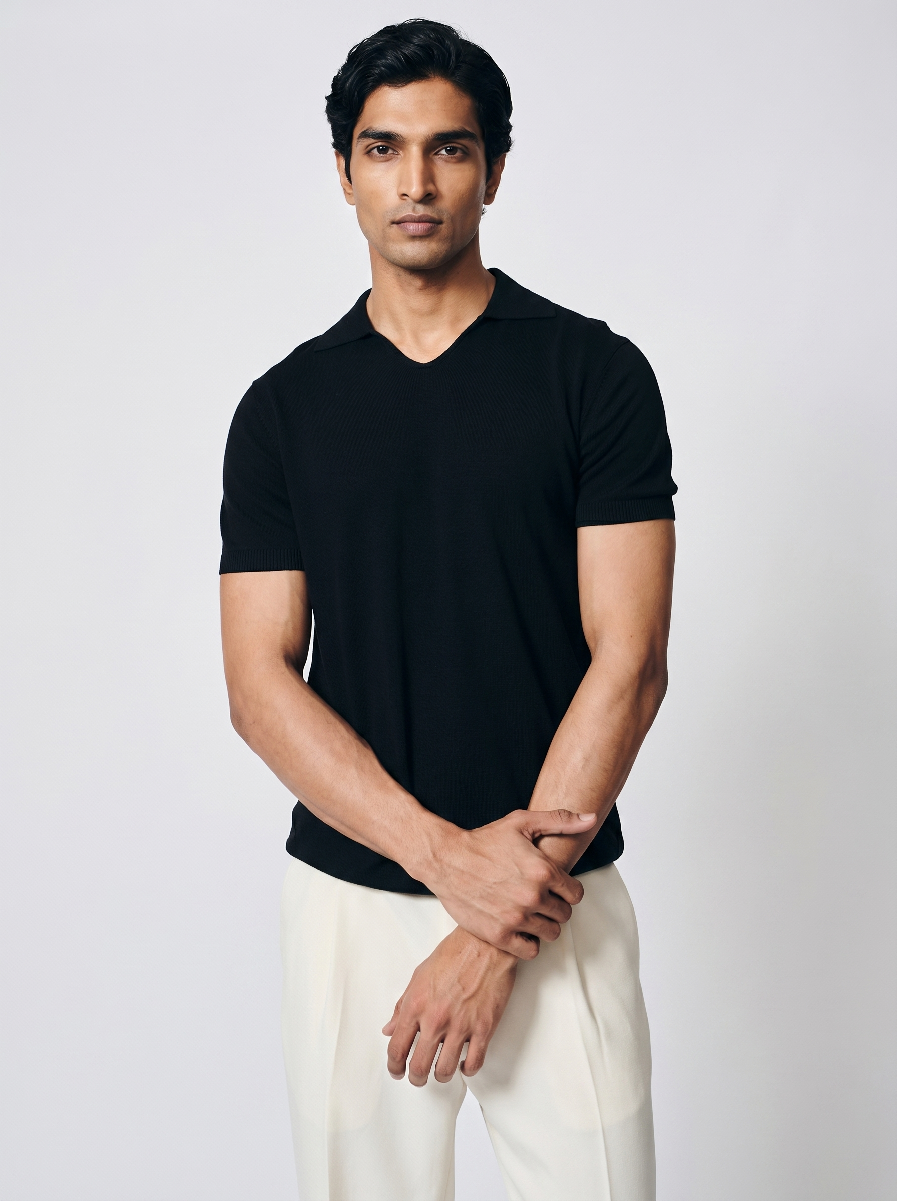 Ink Black Cotton-Bamboo U-Neck Polo