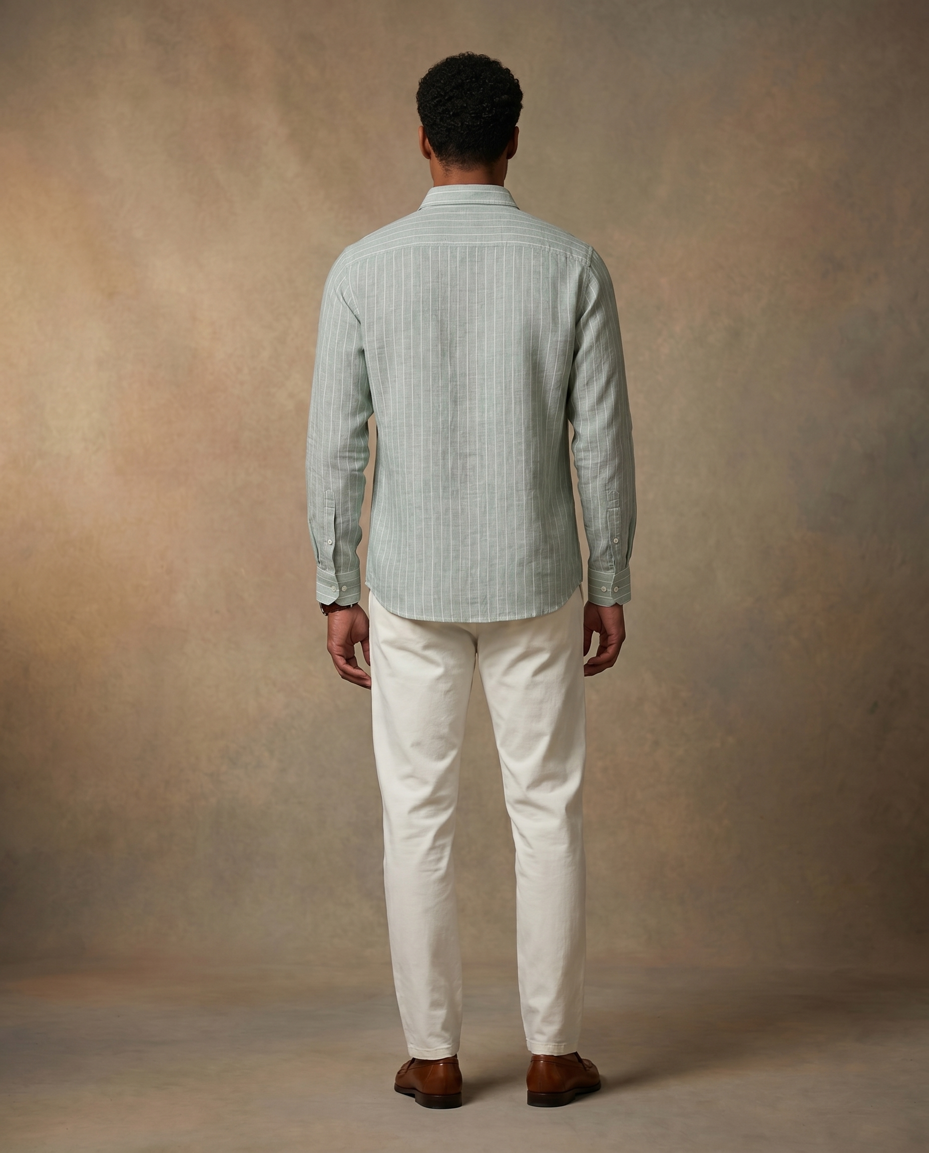 Moss Green Linen Blend Striped Shirt