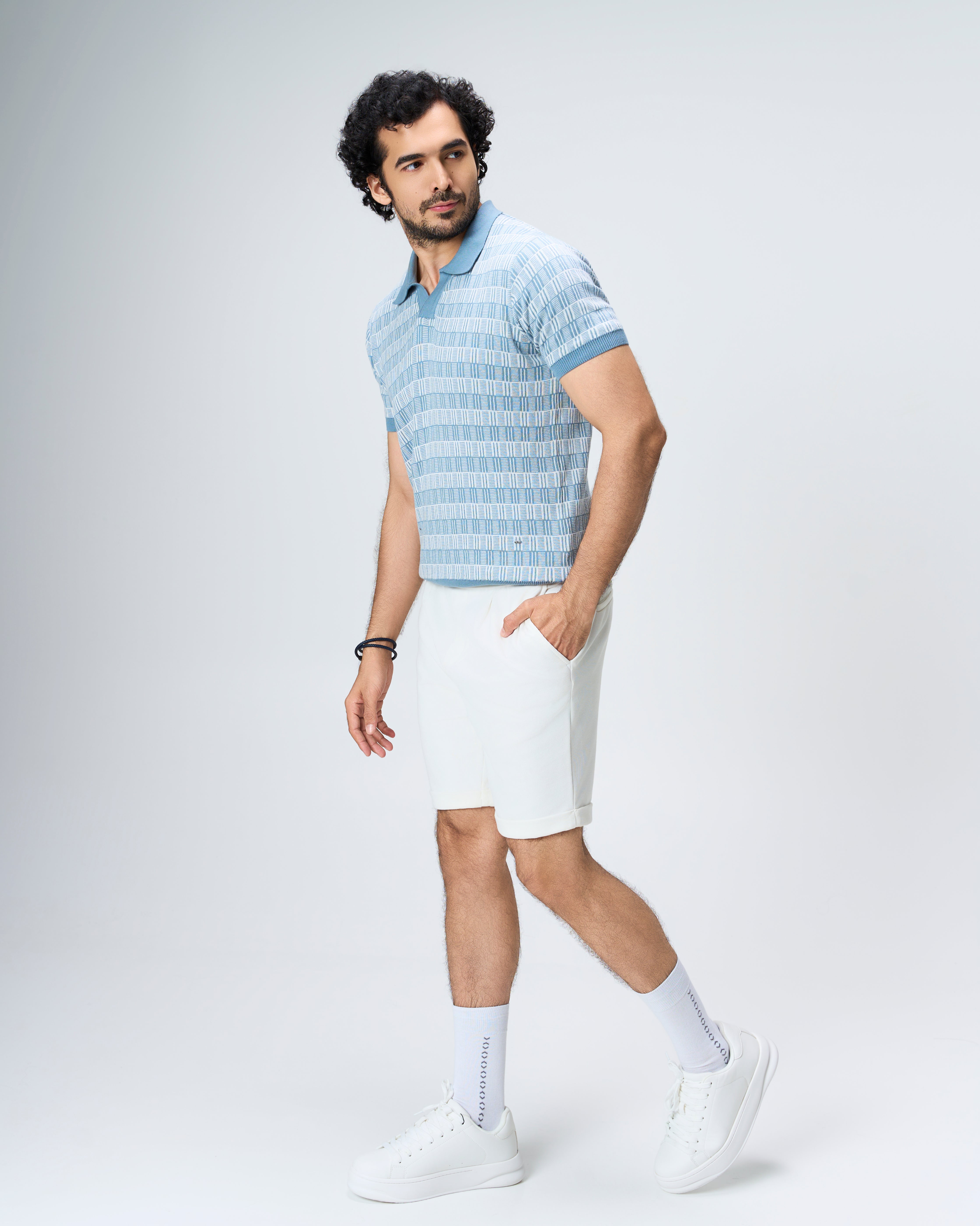Powder Blue Luxe Gridline V-Polo