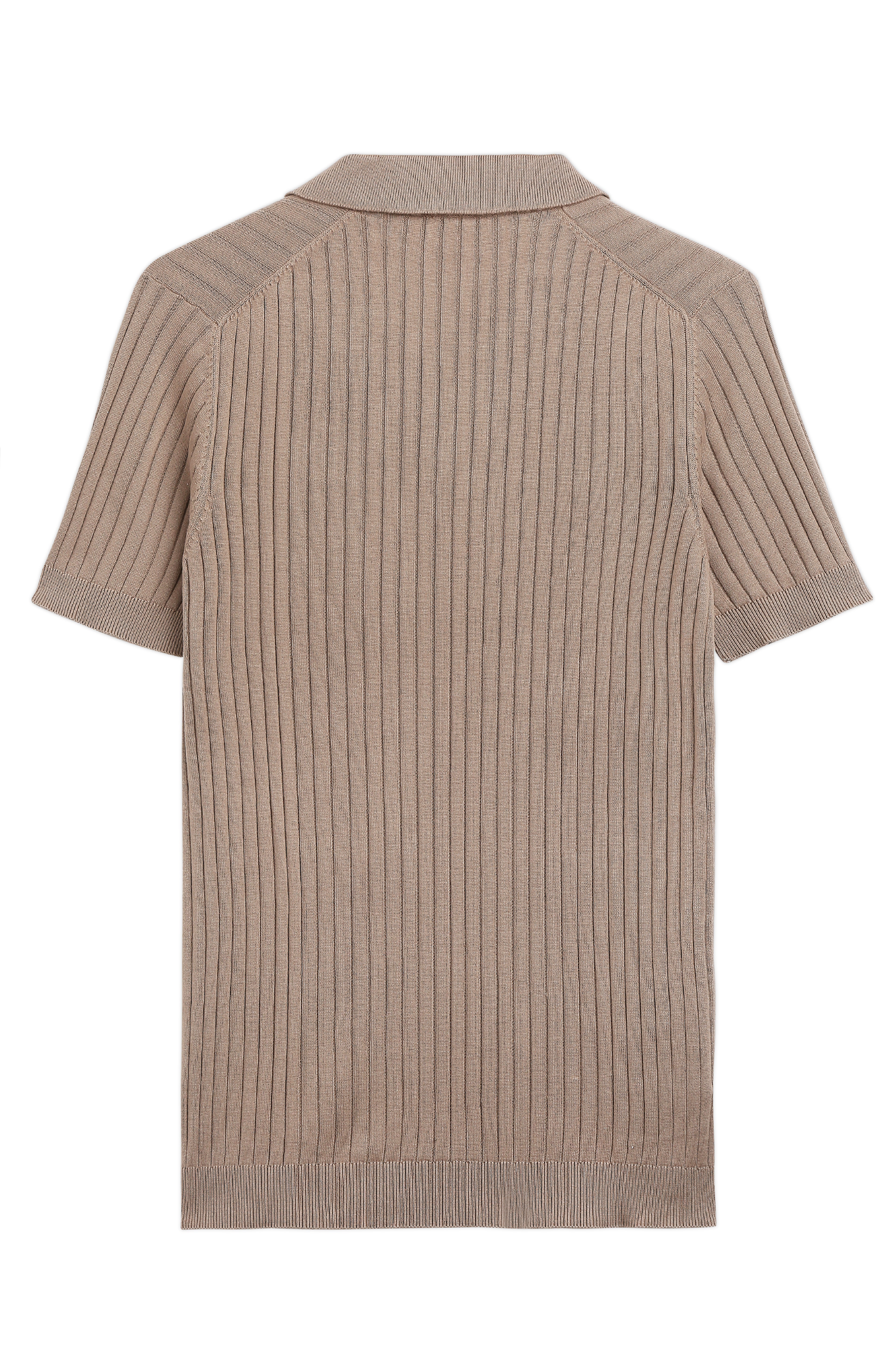 WARM TAN COTTON-BAMBOO V-NECK DROP NEEDLE POLO T-SHIRT