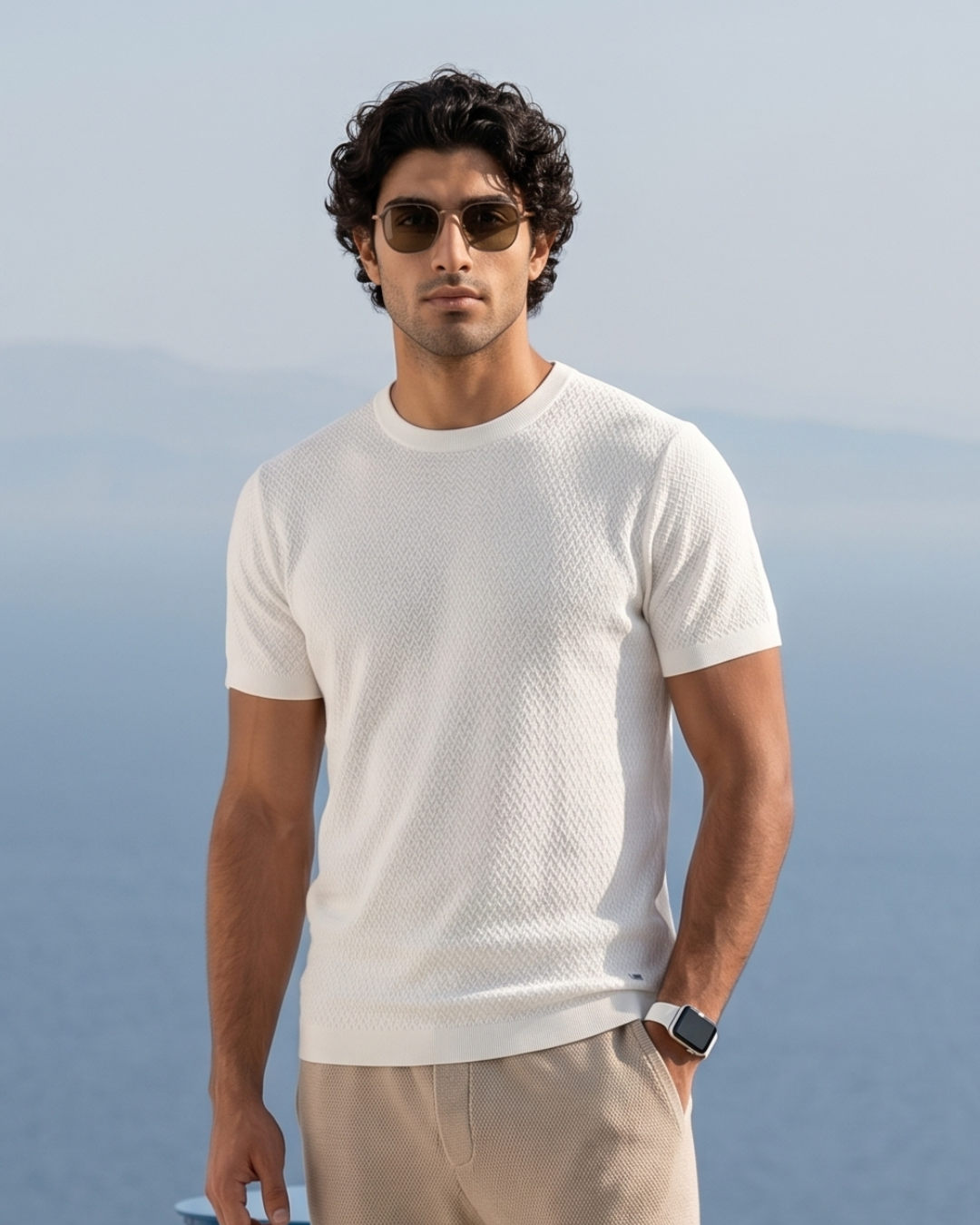 Soft White Chevron Round Neck T-Shirt