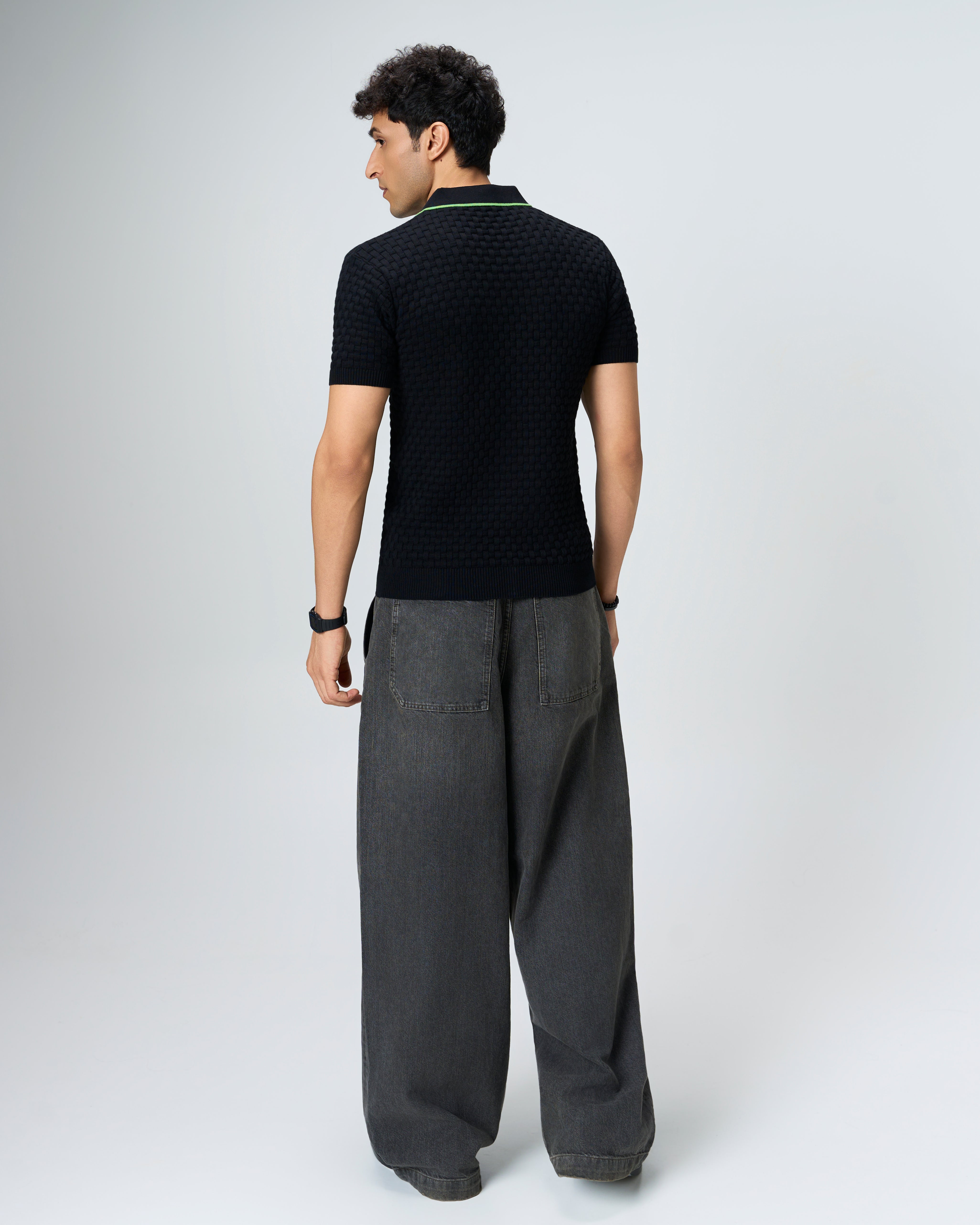 Ink Black Basket V-Polo Grass Green Piping