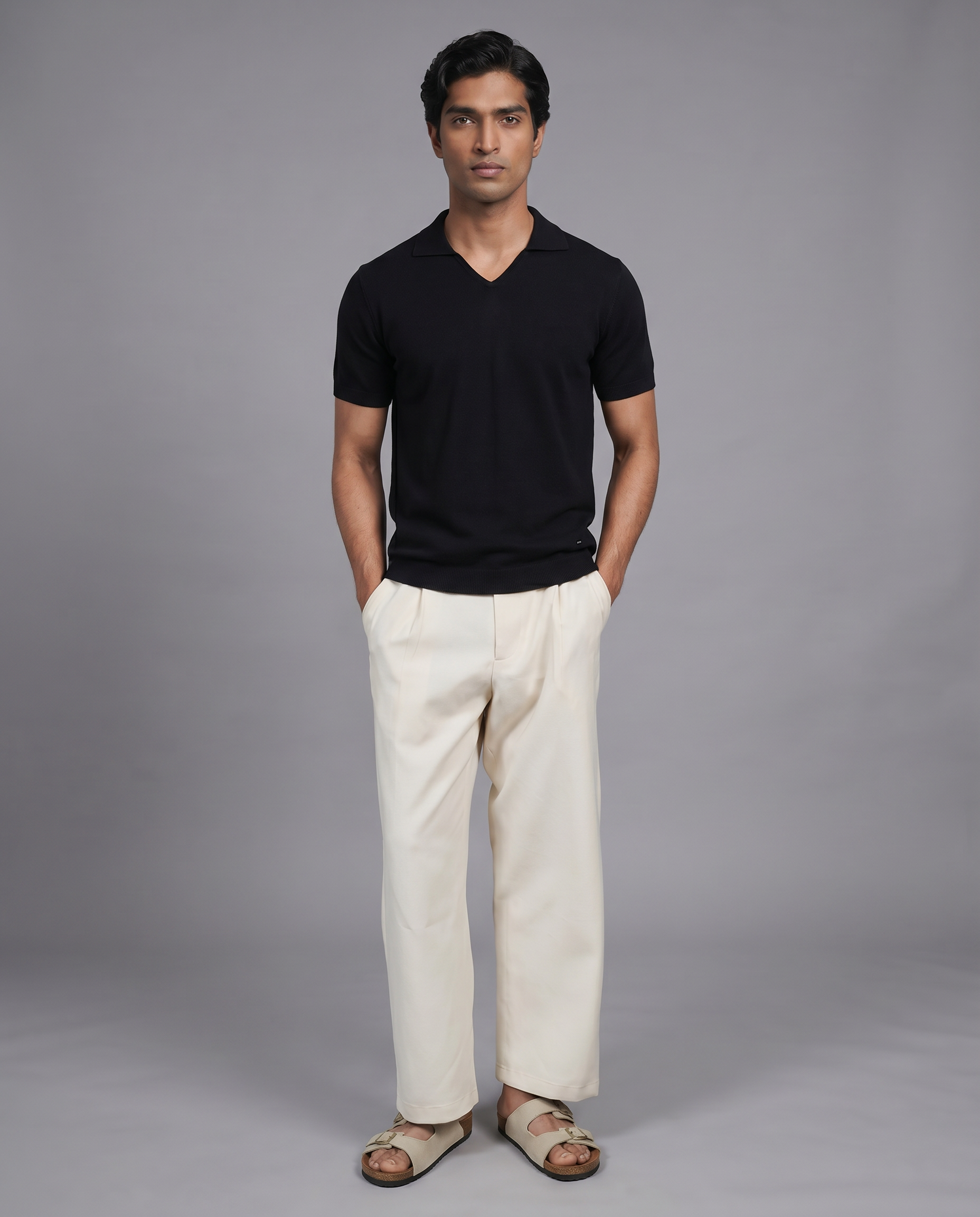 Ink Black Cotton-Bamboo U-Neck Polo