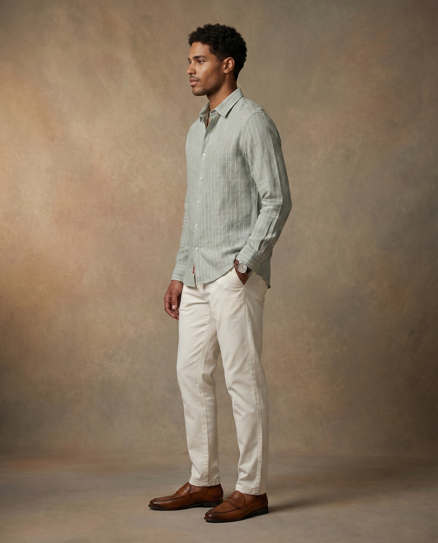 Moss Green Linen Blend Striped Shirt