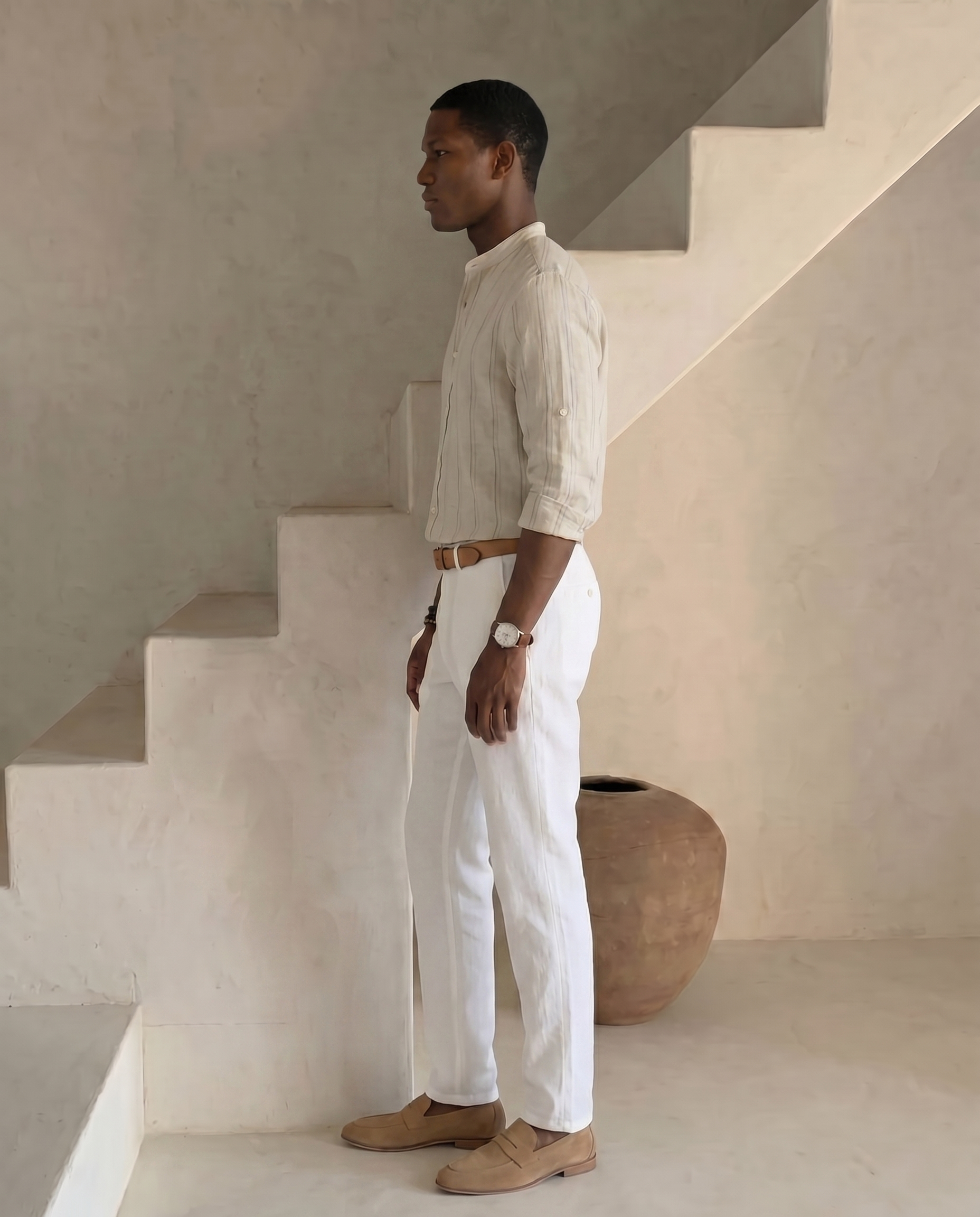 Ivory 100% Linen Striped Shirt