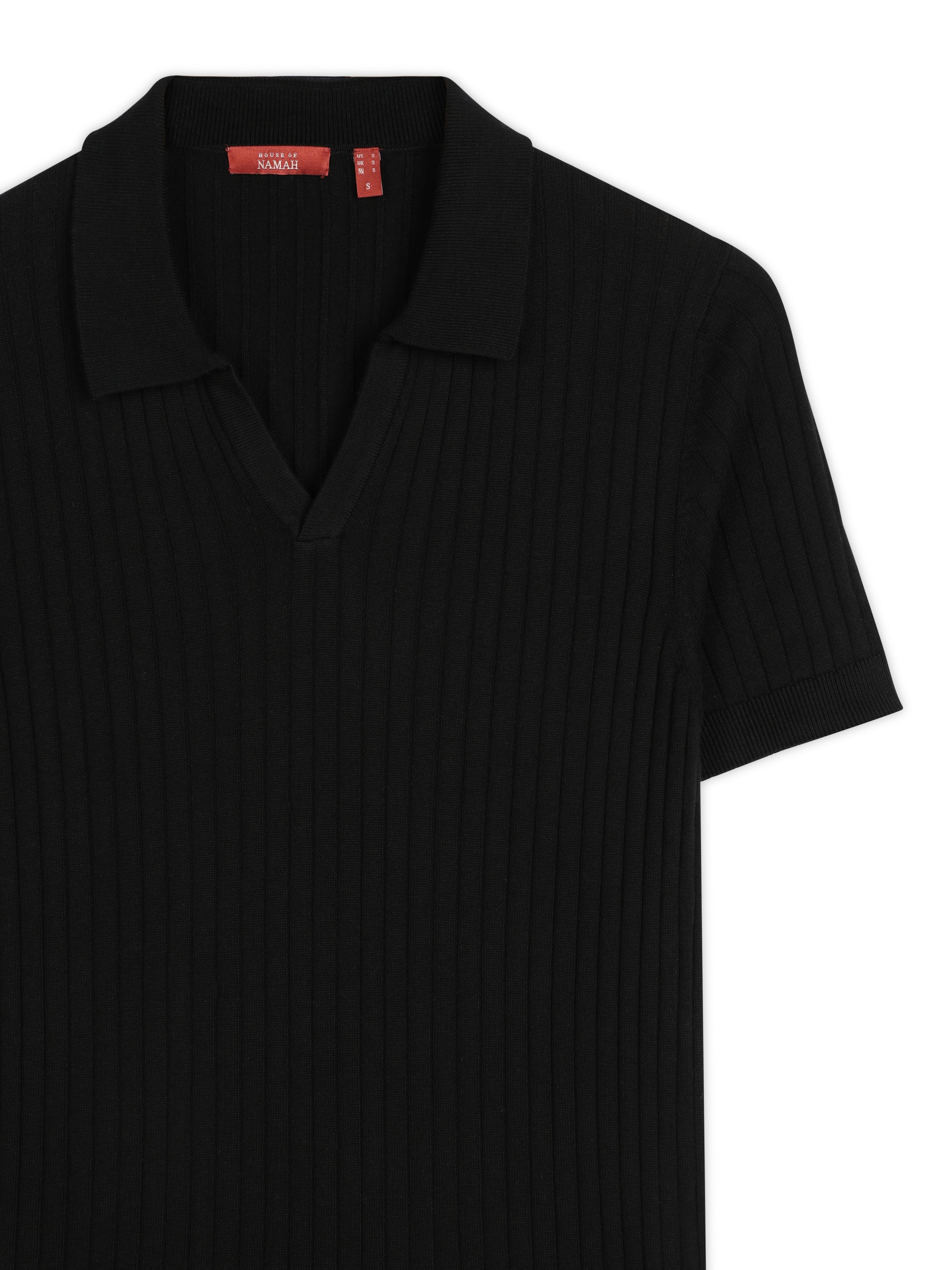 INK BLACK COTTON-BAMBOO V-NECK DROP NEEDLE POLO T-SHIRT
