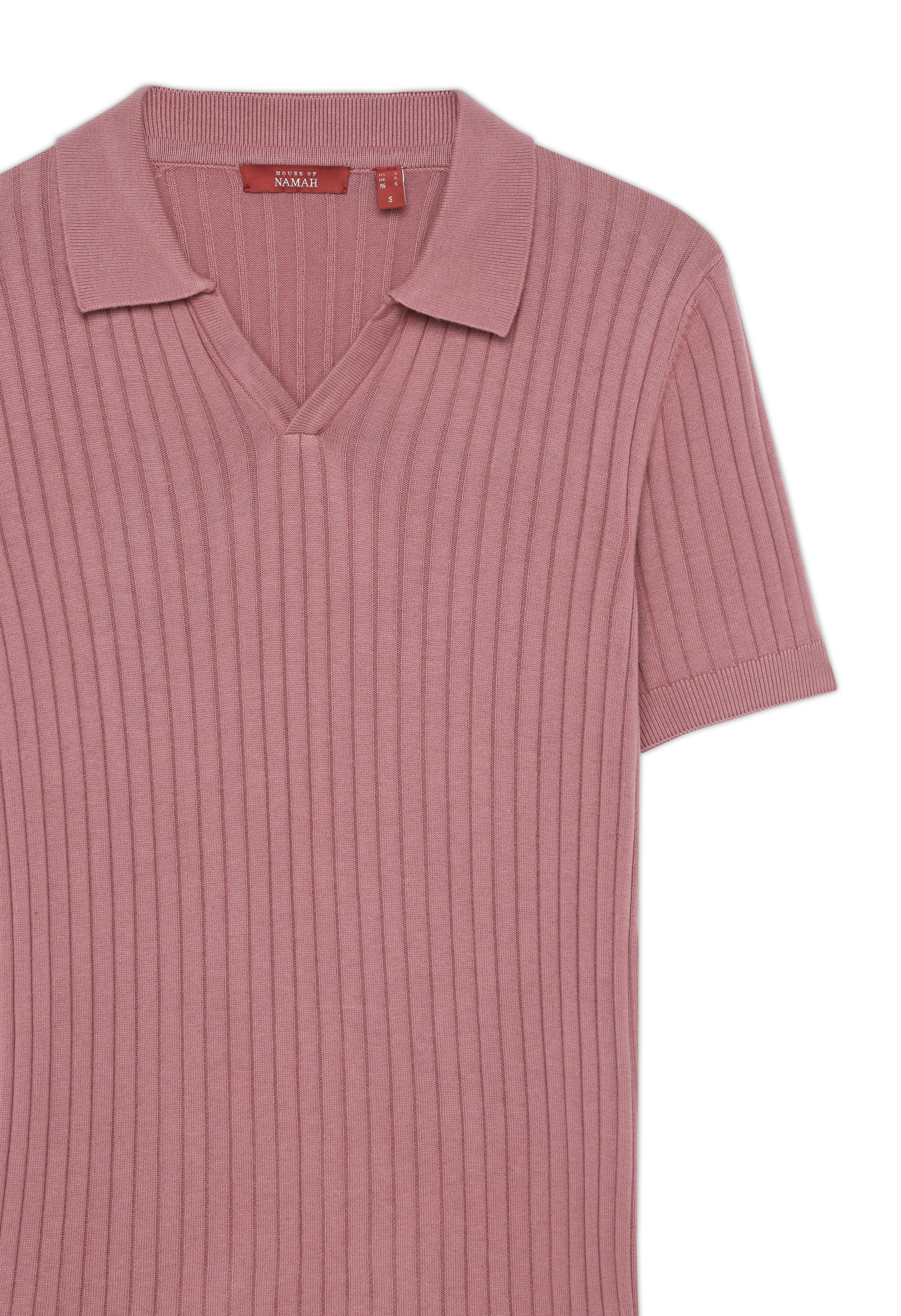 CLAY PINK COTTON-BAMBOO V-NECK DROP NEEDLE POLO T-SHIRT