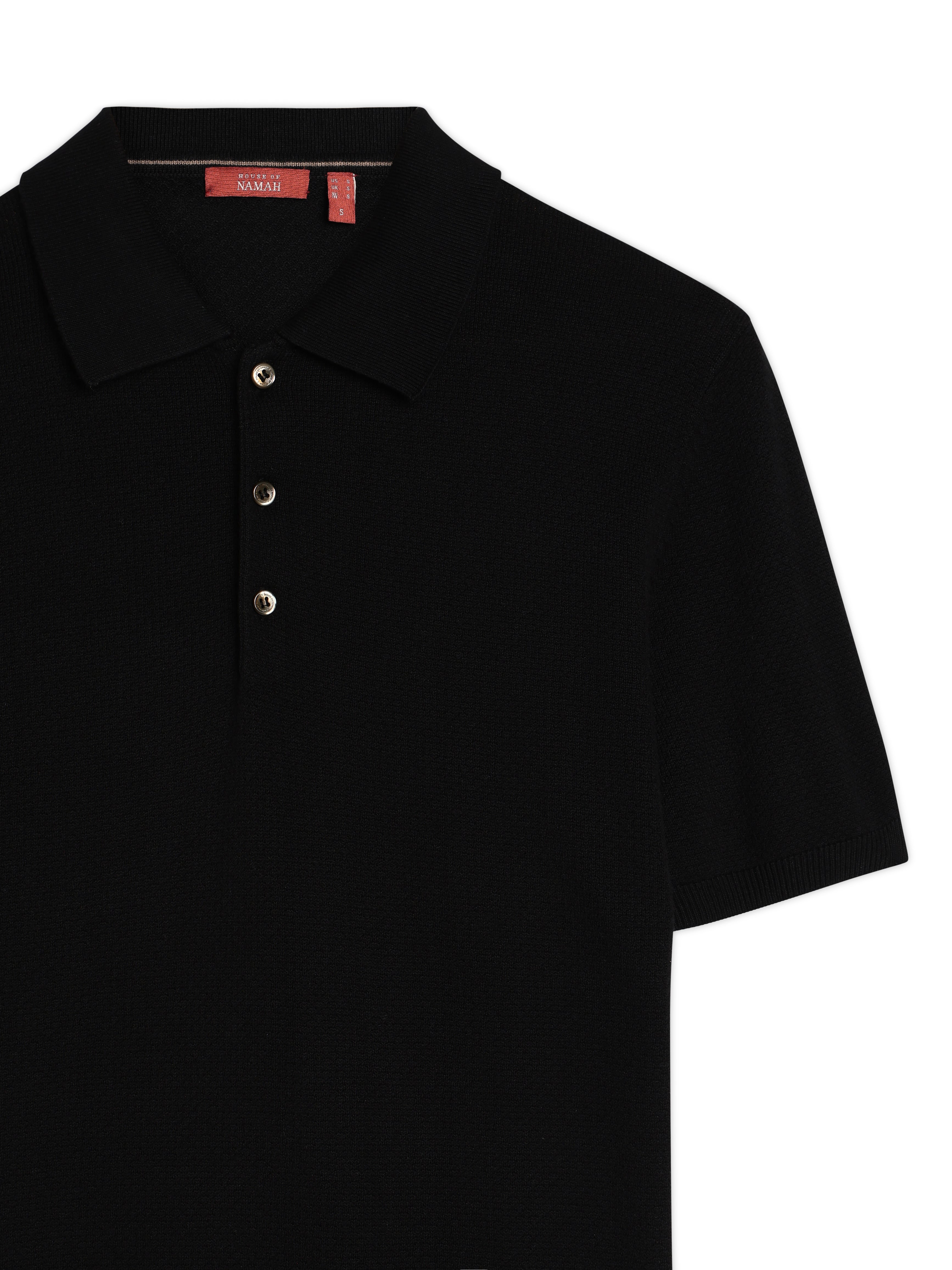 INK BLACK COTTON-BAMBOO WAFFLE POLO T-SHIRT