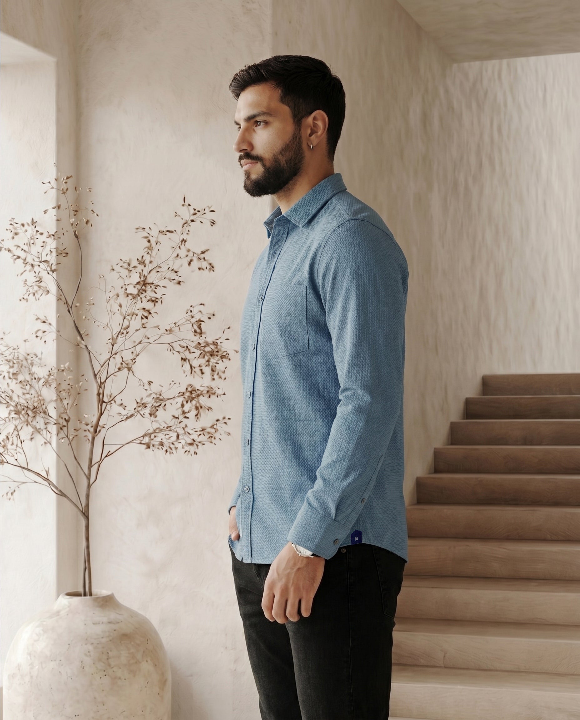 Slate Blue Waffle Textured Shirt