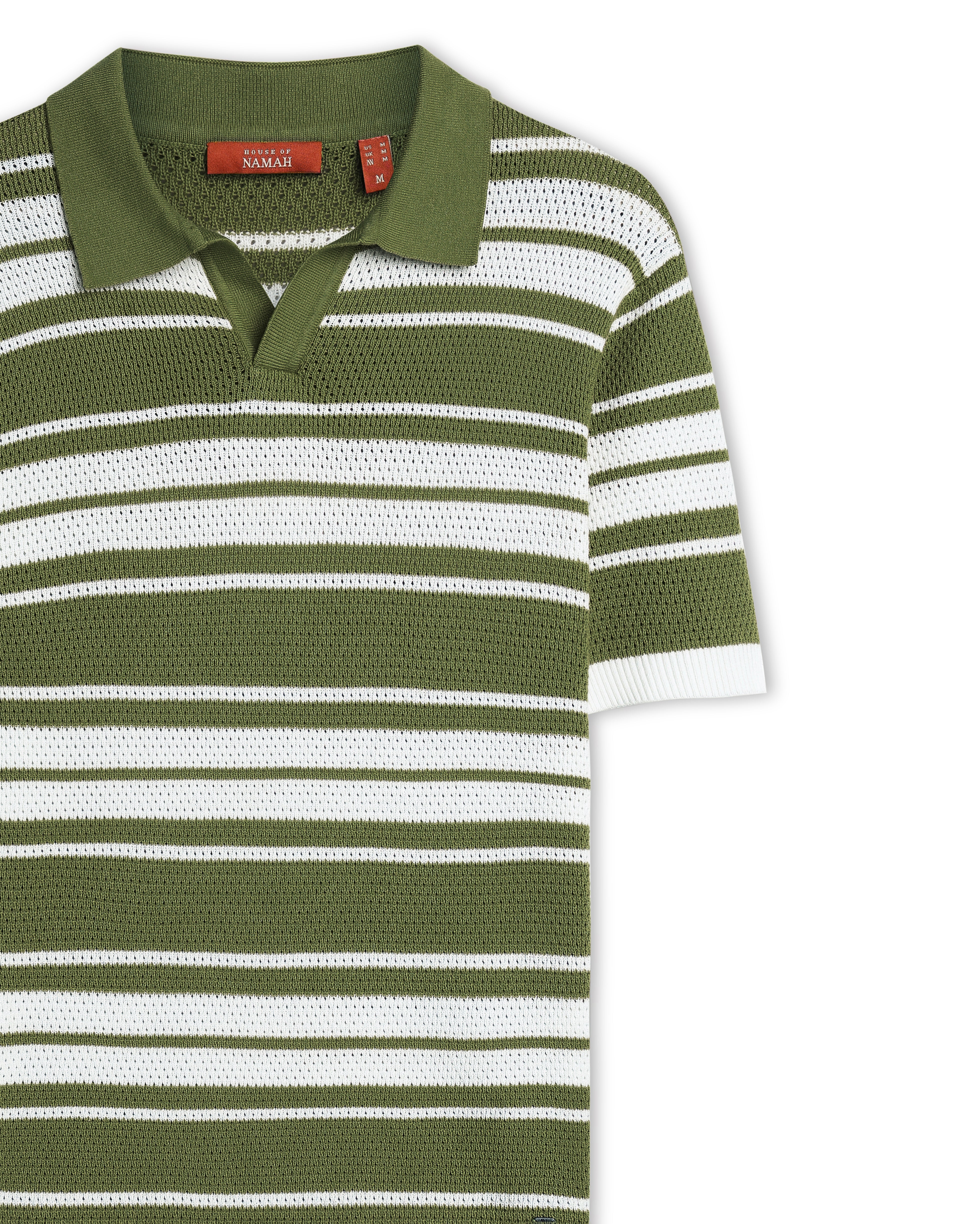 Sage Green Mesh Stripe V-Polo - 100% Cotton - II