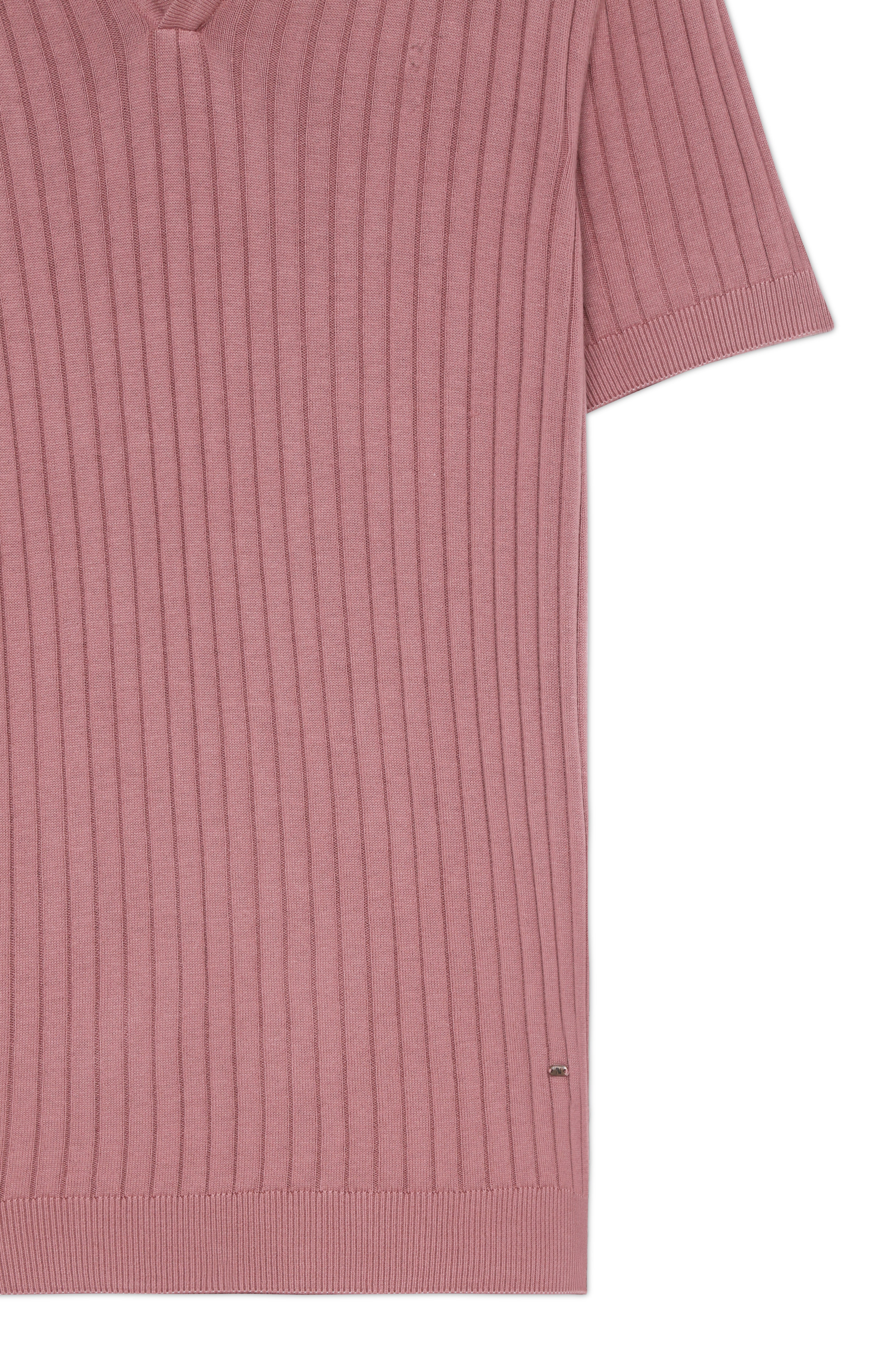 CLAY PINK COTTON-BAMBOO V-NECK DROP NEEDLE POLO T-SHIRT