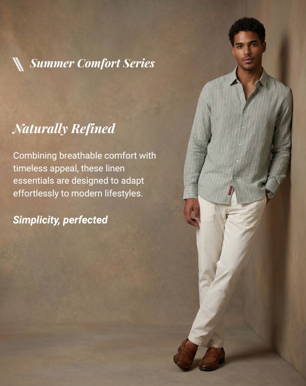 Moss Green Linen Blend Striped Shirt