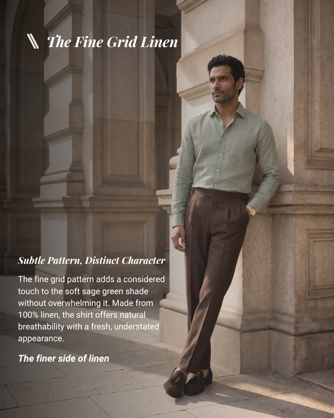 Sage Green Fine Grid 100% Linen Shirt