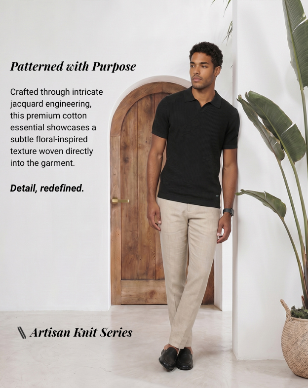 Ink Black Floral Jacquard V-Polo