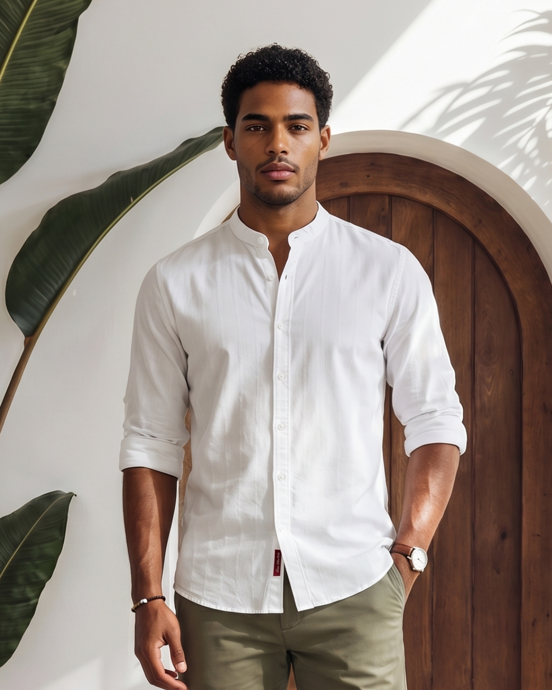 Soft White Self-Stripe Mandarin Collar Shirt