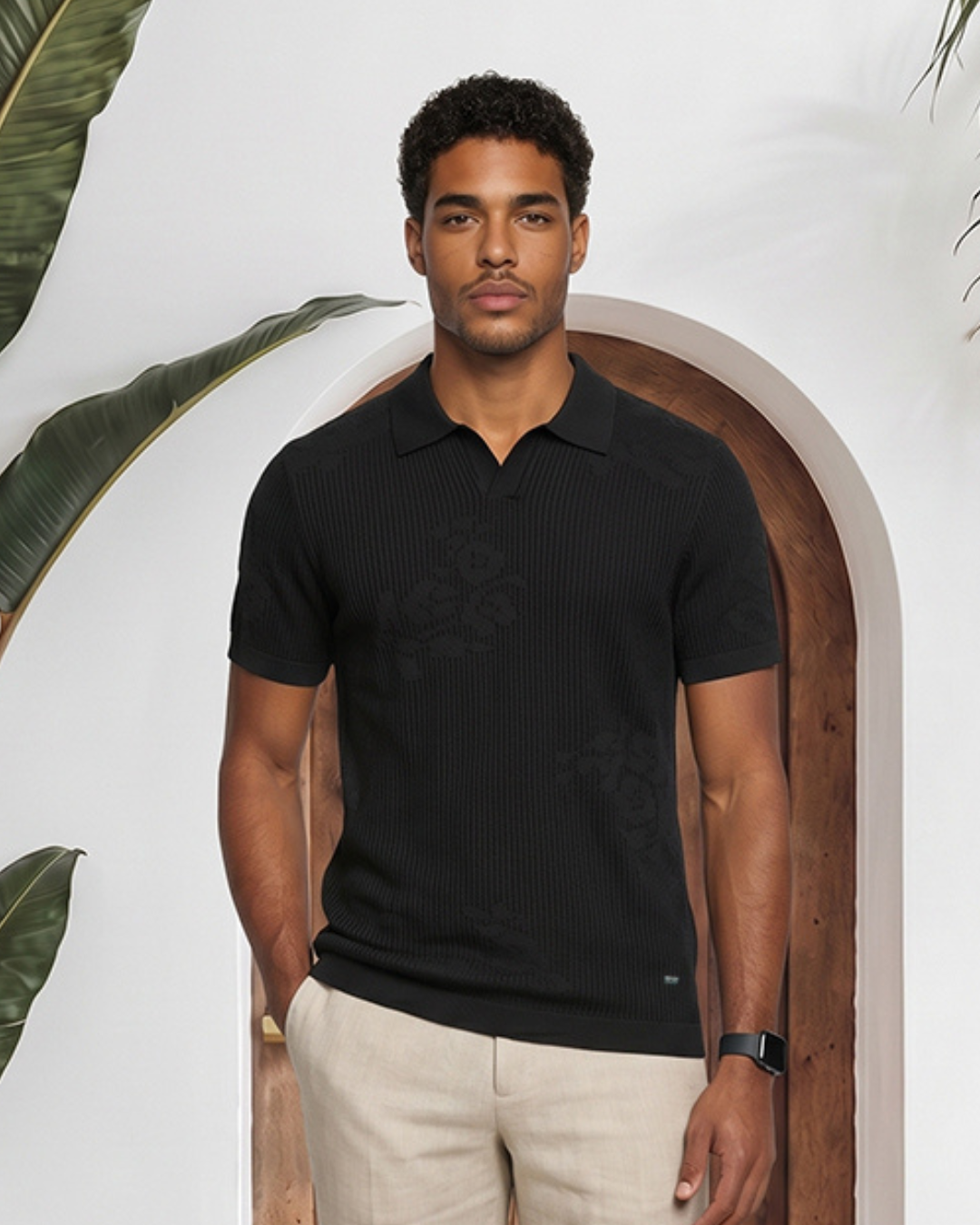 Ink Black Floral Jacquard V-Polo