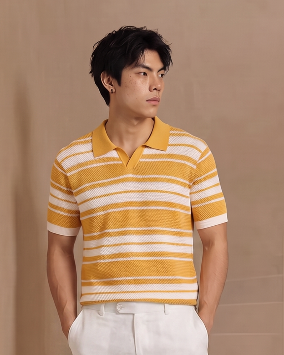 Golden Ochre Mesh Stripe AIRLOOP V-Polo