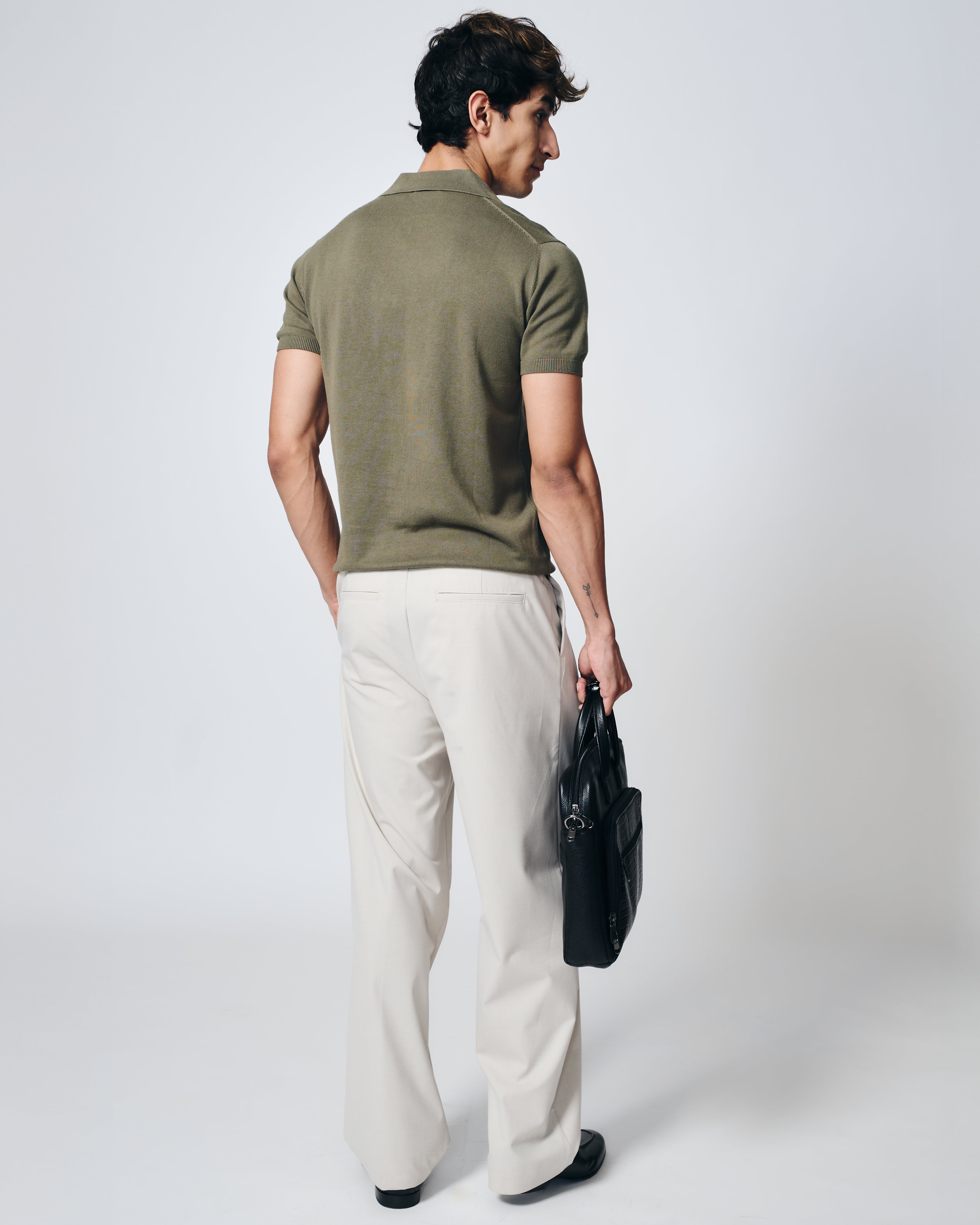 KHAKI GREEN COTTON-BAMBOO U-NECK POLO T-SHIRT