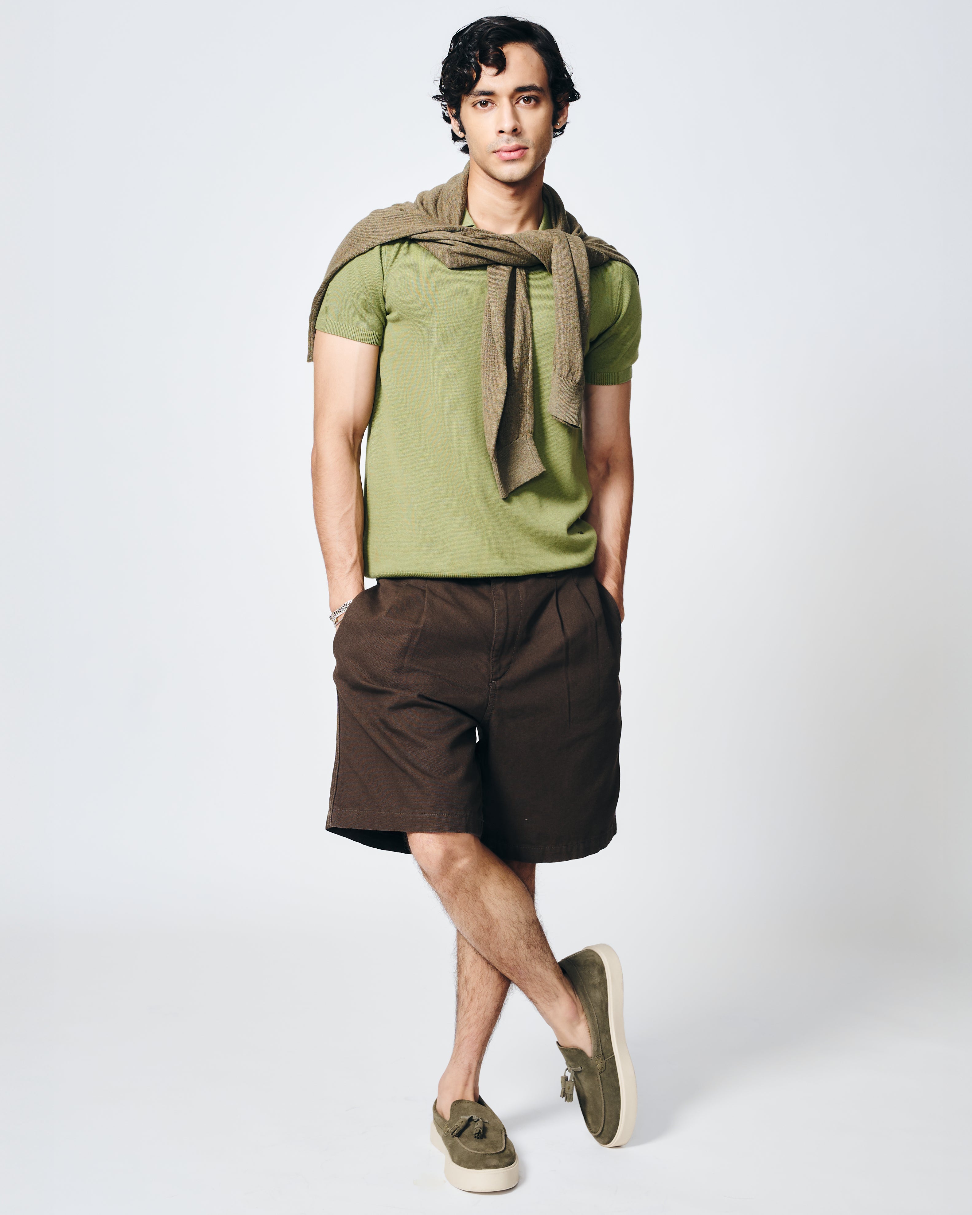 GRASS GREEN COTTON-BAMBOO U-NECK POLO T-SHIRT