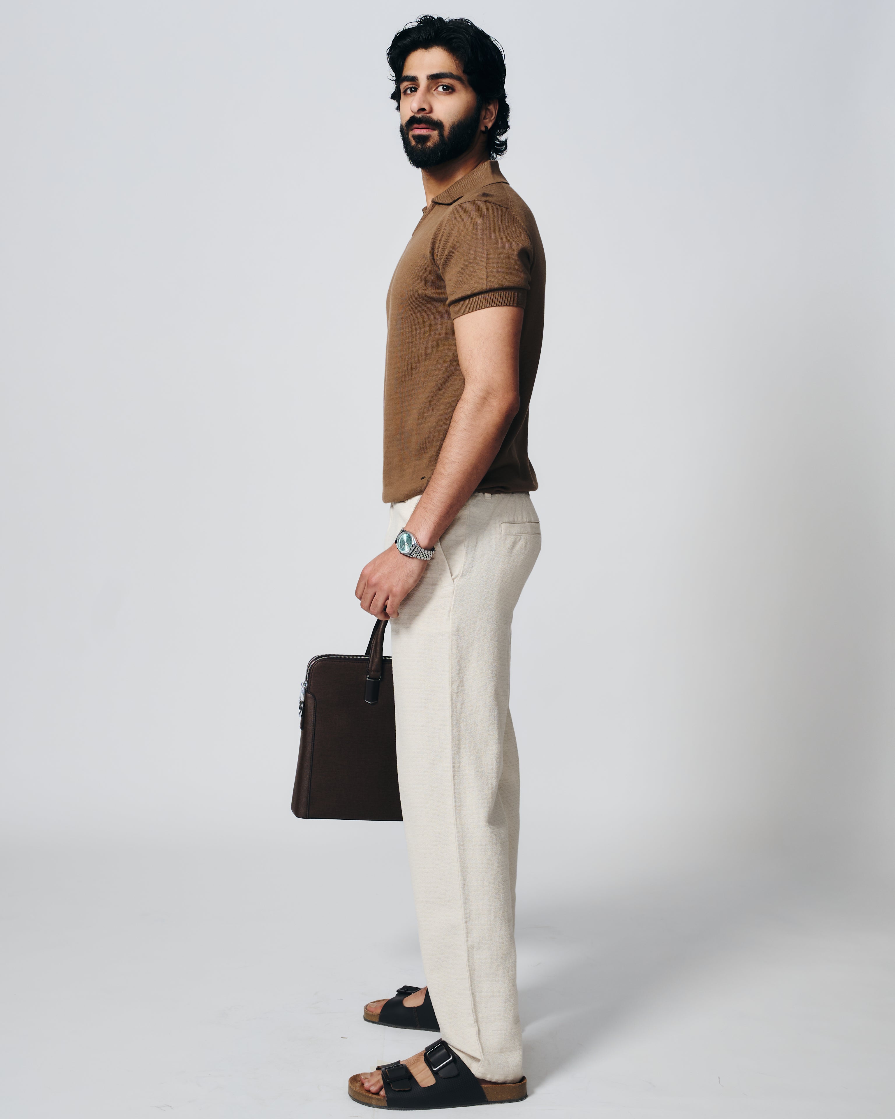 COCOA BROWN COTTON-BAMBOO U-NECK POLO T-SHIRT