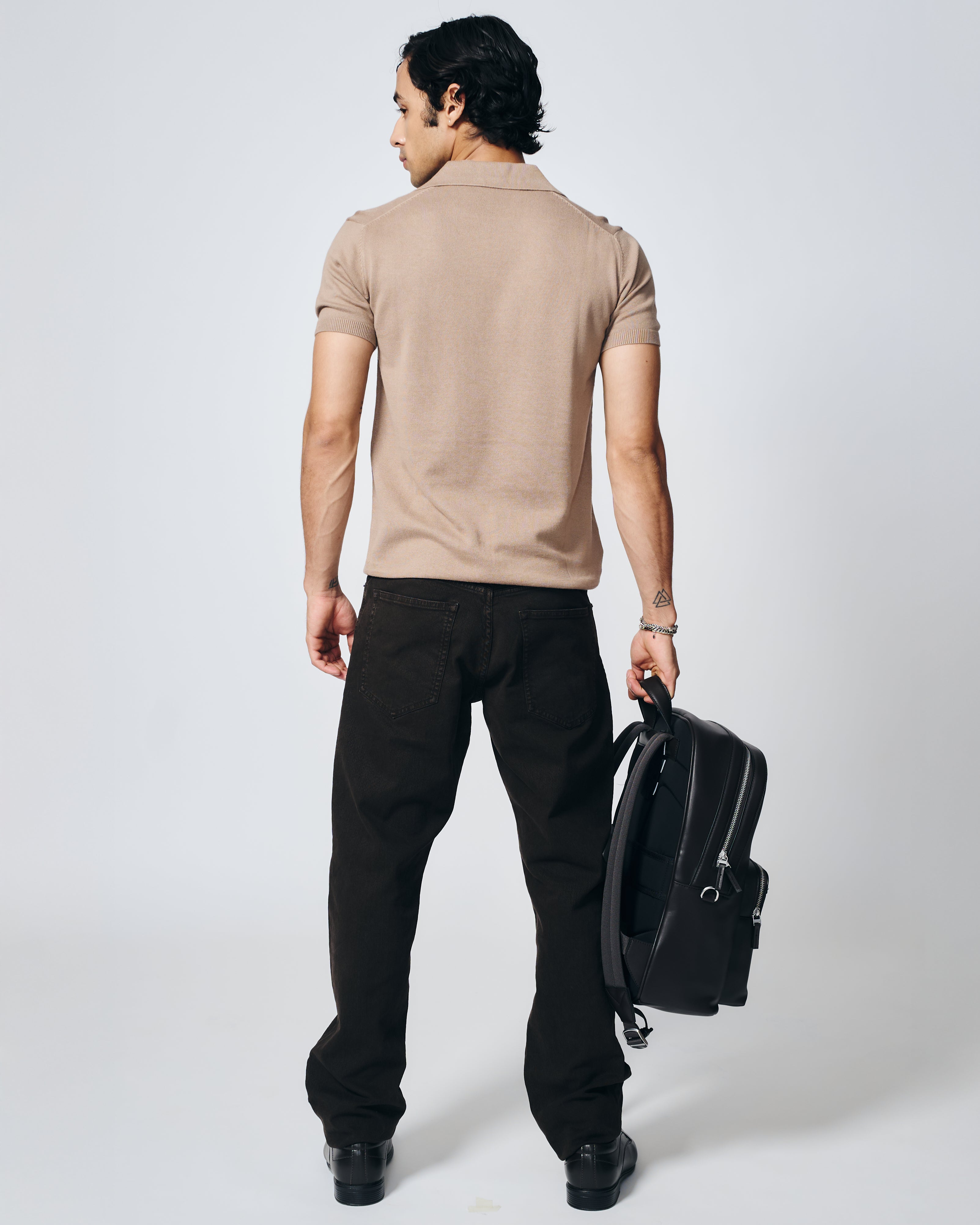 WARM TAN COTTON-BAMBOO U-NECK POLO T-SHIRT