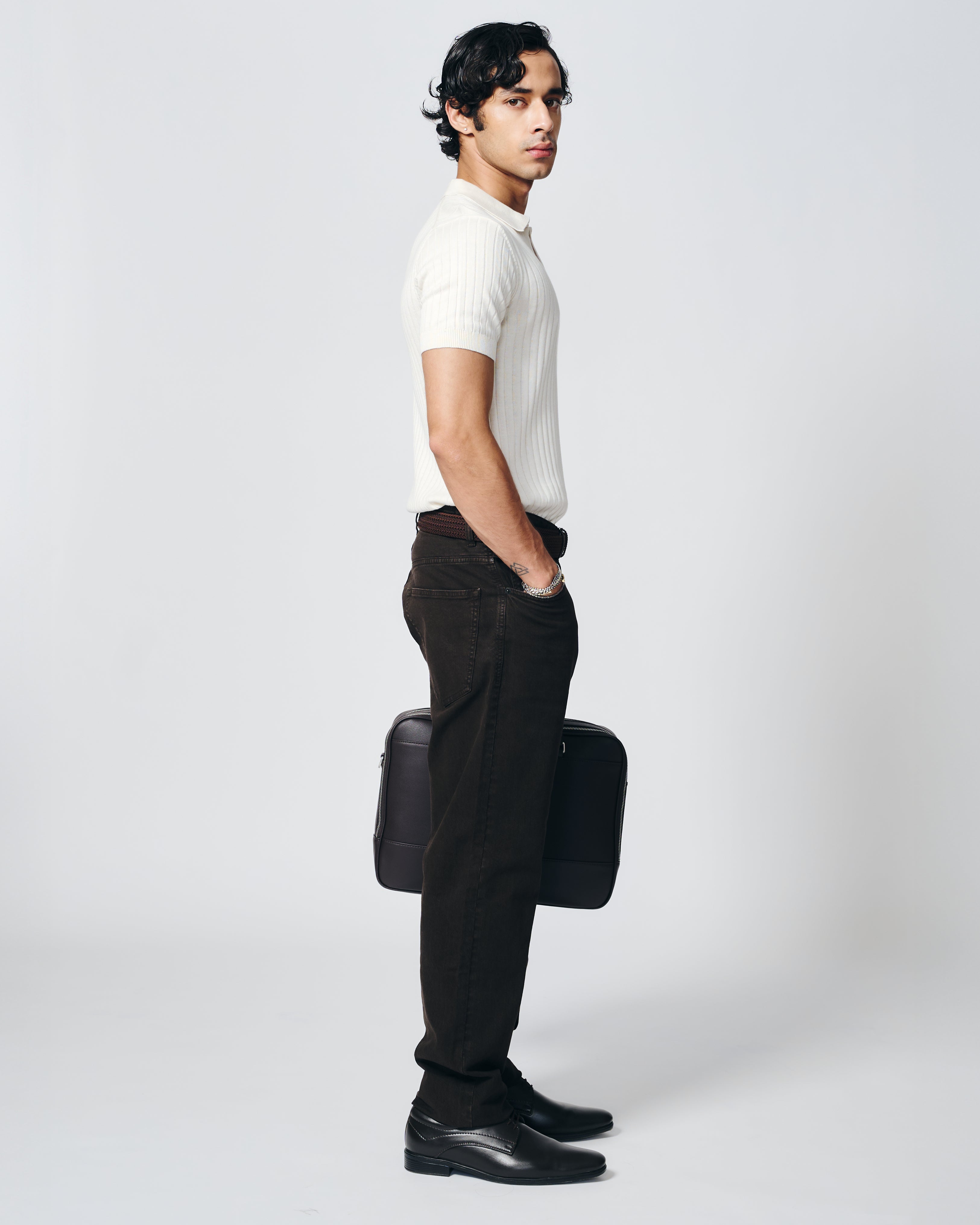 SOFT WHITE COTTON-BAMBOO V-NECK DROP NEEDLE POLO T-SHIRT