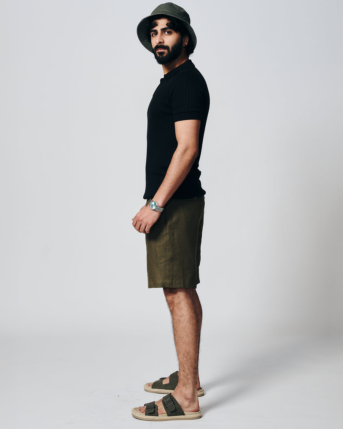 INK BLACK COTTON-BAMBOO V-NECK DROP NEEDLE POLO T-SHIRT
