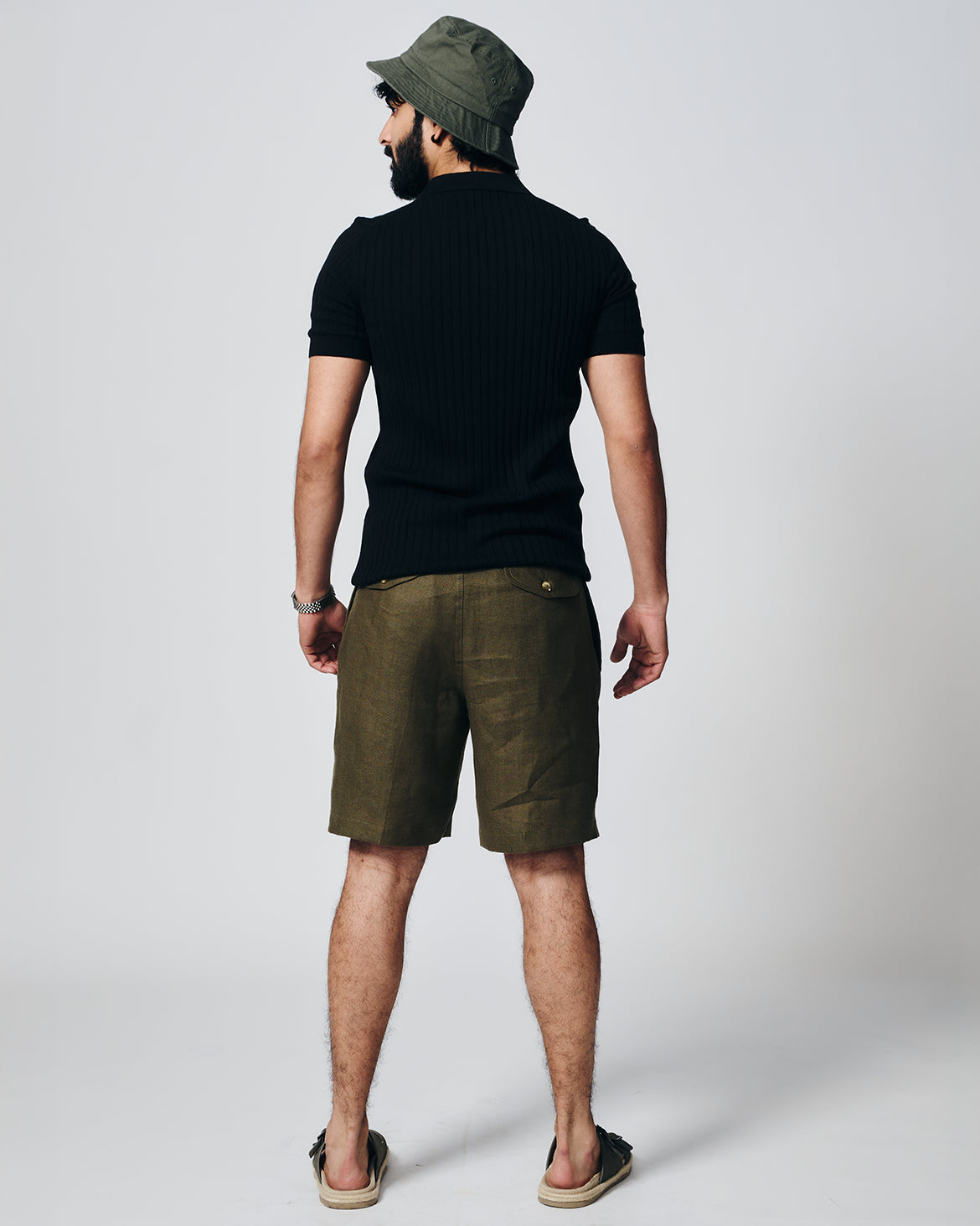 INK BLACK COTTON-BAMBOO V-NECK DROP NEEDLE POLO T-SHIRT