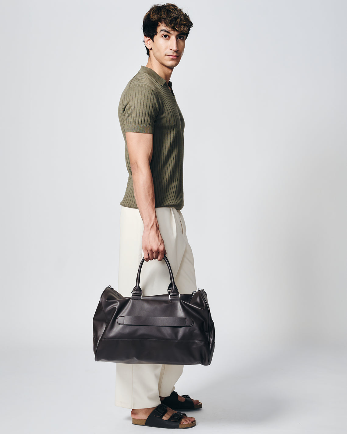 KHAKI GREEN COTTON-BAMBOO V-NECK DROP NEEDLE POLO T-SHIRT
