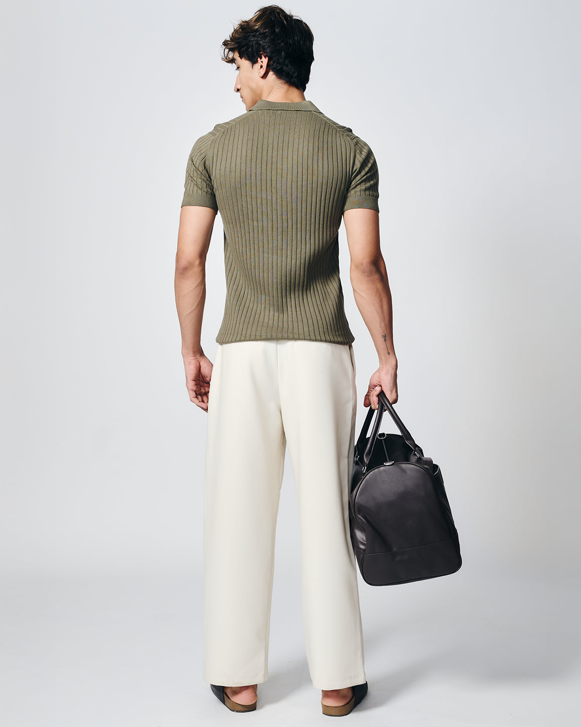 KHAKI GREEN COTTON-BAMBOO V-NECK DROP NEEDLE POLO T-SHIRT